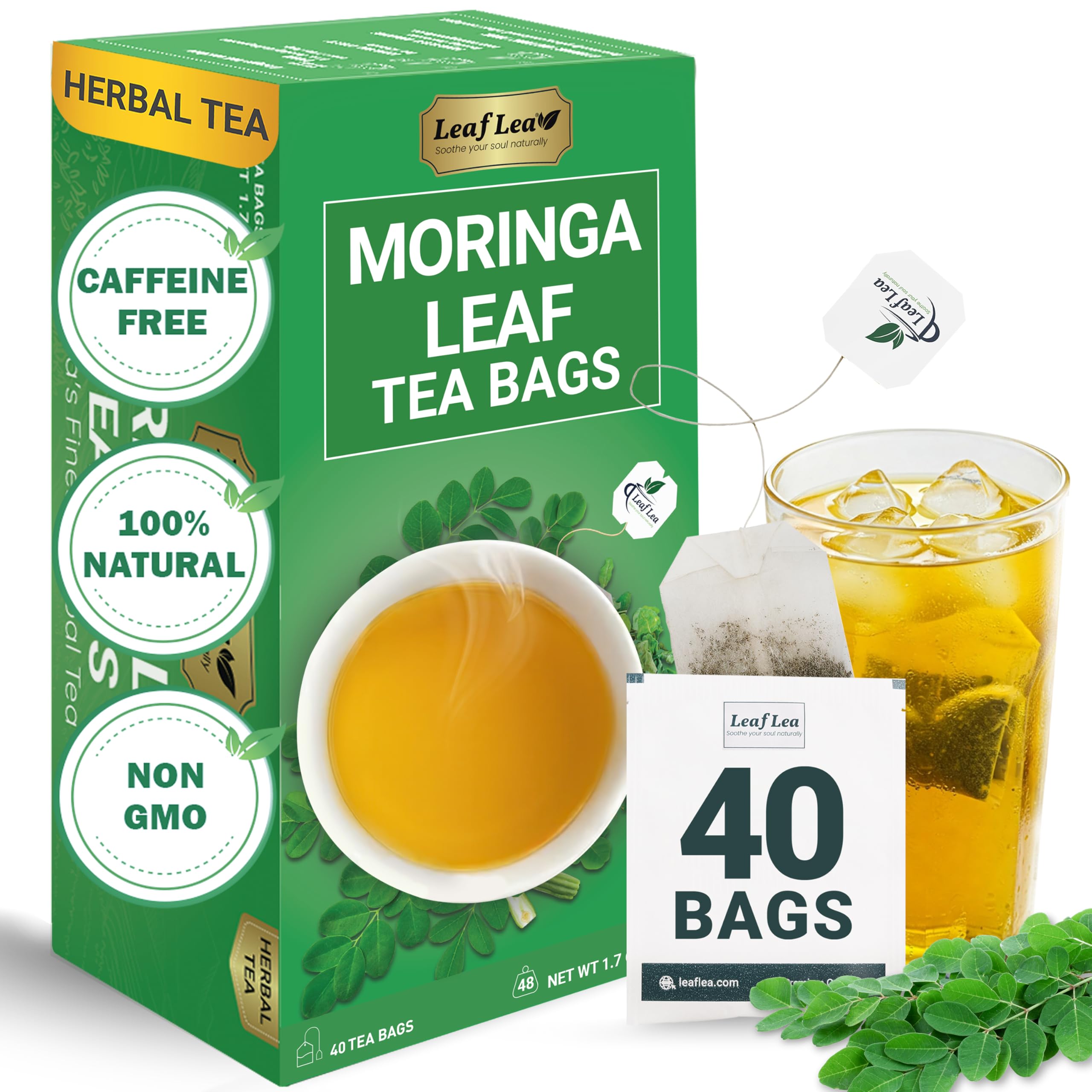 LeafLea 40 Turmeric Ginger Cinnamon Tea Bags, 100% Natural Ingredients Herbal Tea, Turmeric Ginger Herbal Blend for Wellness, Vegan, No Sugar, Caffeine-Free, Individually Wrapped for Freshness