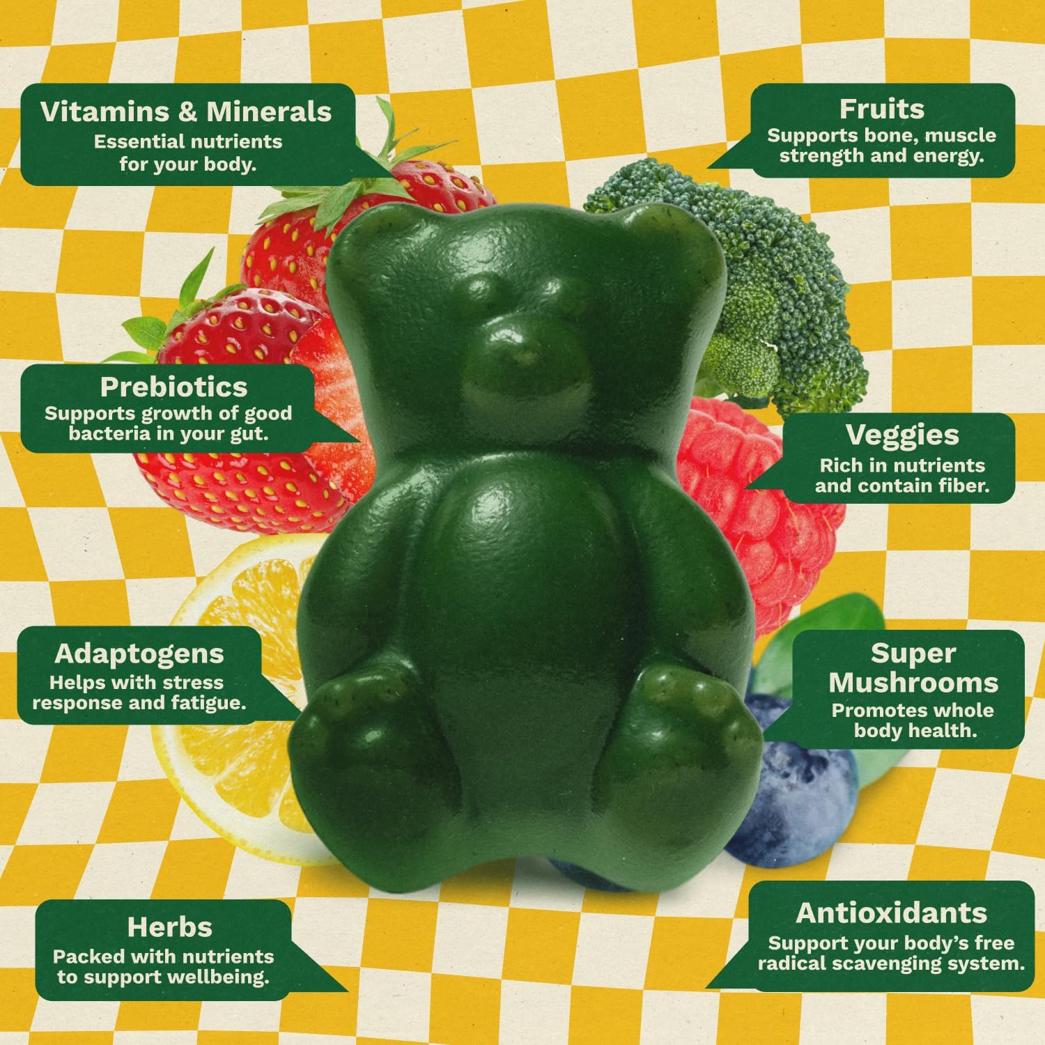Gruns Multivitamin for Kids, Sugar-Free, Super Greens Superfood Gummy Bears with 20 Vitamins & Minerals, Alfalfa, Spirulina, Chlorella, Prebiotics Fiber for Digestive Health, Adaptogens, 28 ct