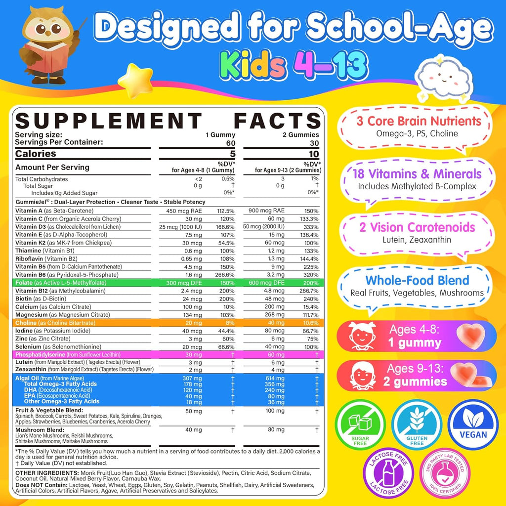Kids Methylated Multivitamin Gummies with Omega 3 DHA/EPA, Methyl 12 & Folate, Lion's Mane Mushroom, Vitamin D3, C, Zinc, Magnesium, Picky Eater Vitamins Children 4+ for Brain, Focus, Sugar Free, 60Ct