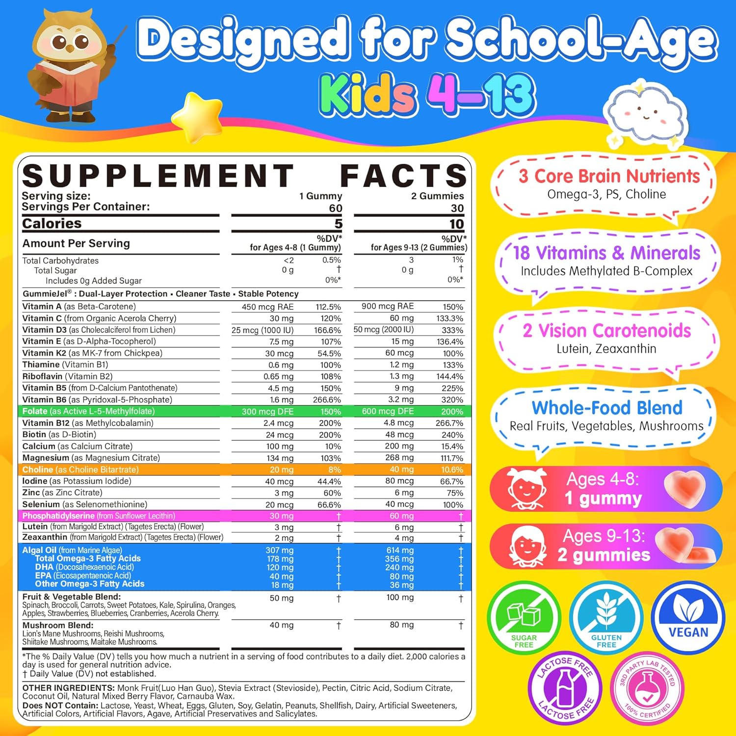 Kids Methylated Multivitamin Gummies with Omega 3 DHA/EPA, Methyl 12 & Folate, Lion's Mane Mushroom, Vitamin D3, C, Zinc, Magnesium, Picky Eater Vitamins Children 4+ for Brain, Focus, Sugar Free, 60Ct