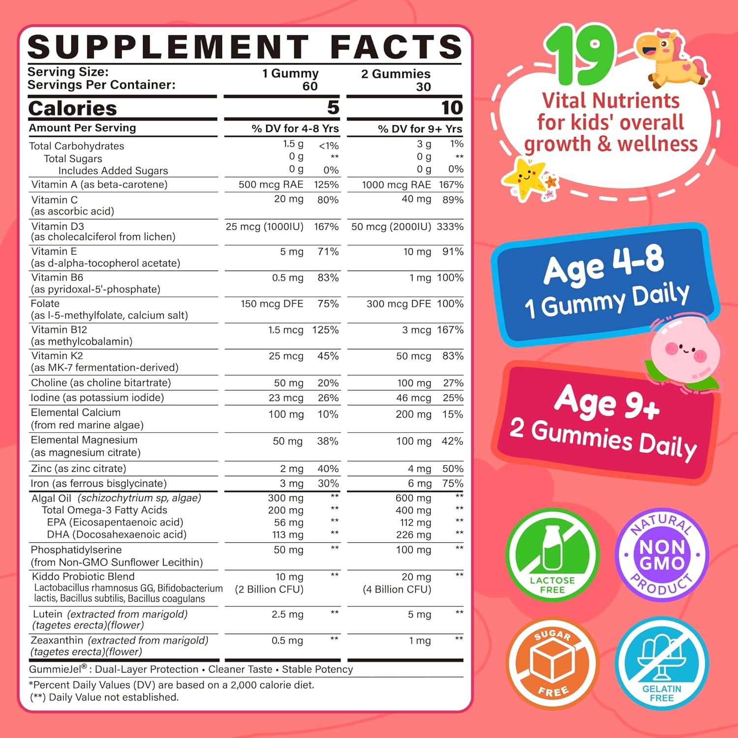 Kids Multivitamin Gummies + Omega 3(DHA/EPA), Methylated Multivitamin for Kids + Iron, Choline, Probiotic, Vitamins A C D3 K2 E, Methylfolate, B6, B12 for Growth, Immune, Bone, Brain, No Sugar, 60 Cts