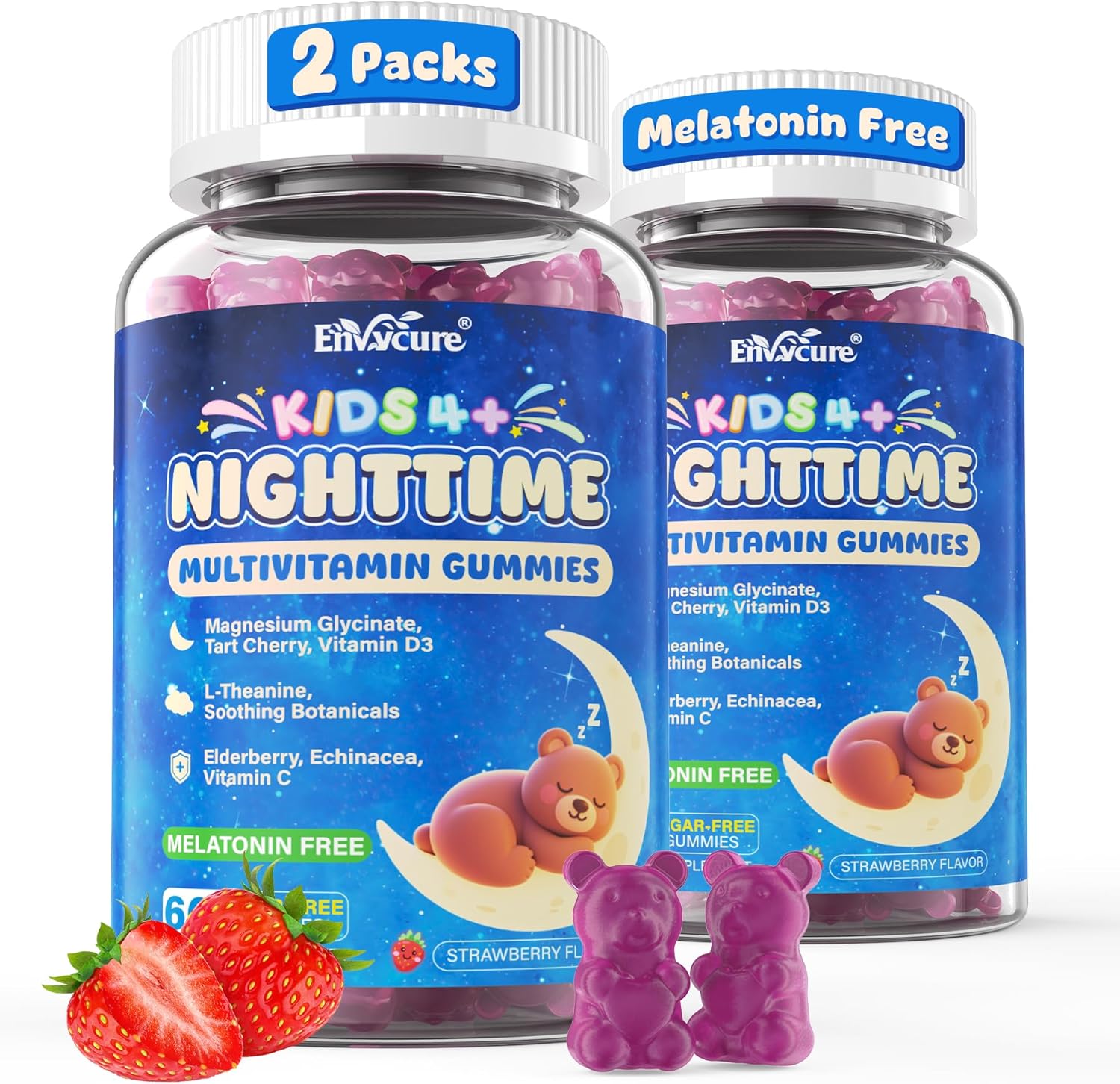 Kids 4+ Melatonin Free Sleep Aid Gummies + Magnesium Glycinate + Saffron + Calcium, D3+K2, Inositol-Kids Sleep Gummies Nighttime Multivitamin Support Calm Mood, Brain, Bone & Immune, Sugar Free, 2Pack