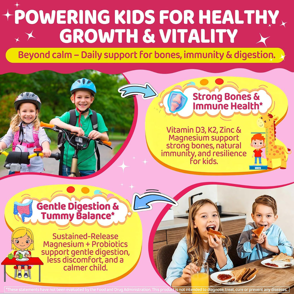 Kids Calm Magnesium Glycinate Gummies, Natural Kids Calming Supplement w/Magnesium Citrate, L-Theanine & Chamomile, Omega-3, D3 B12, Support Calm Mind, Sl-eep, Focus, Muscle Relax, Sugar-Free, 60 Cts