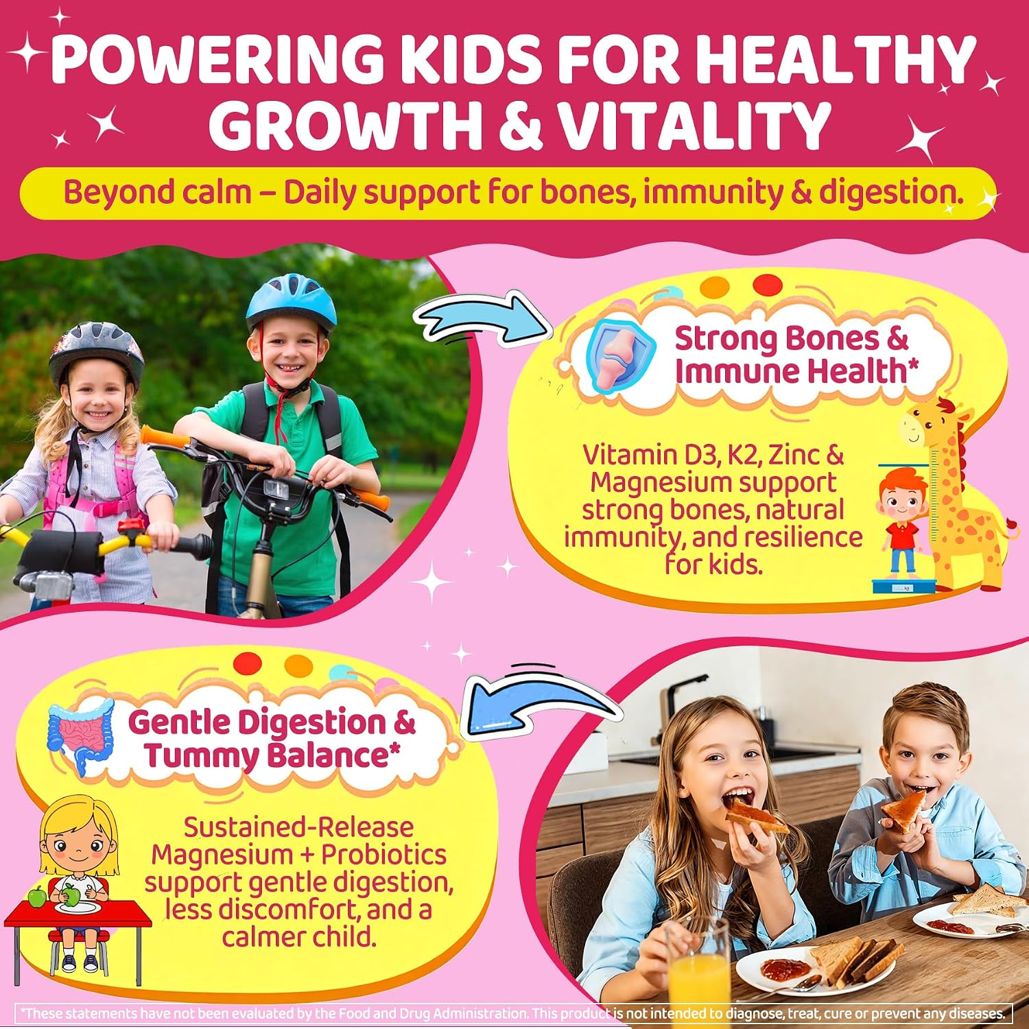Kids Calm Magnesium Glycinate Gummies, Natural Kids Calming Supplement w/Magnesium Citrate, L-Theanine & Chamomile, Omega-3, D3 B12, Support Calm Mind, Sl-eep, Focus, Muscle Relax, Sugar-Free, 60 Cts