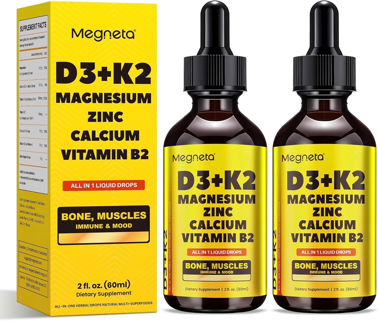 D3+K2 Liquid Supplement – Magnesium, Zinc, Calcium, Vitamin B2 – Supports Bone Density, Muscle Function & Mood – High Absorption – 4 fl oz