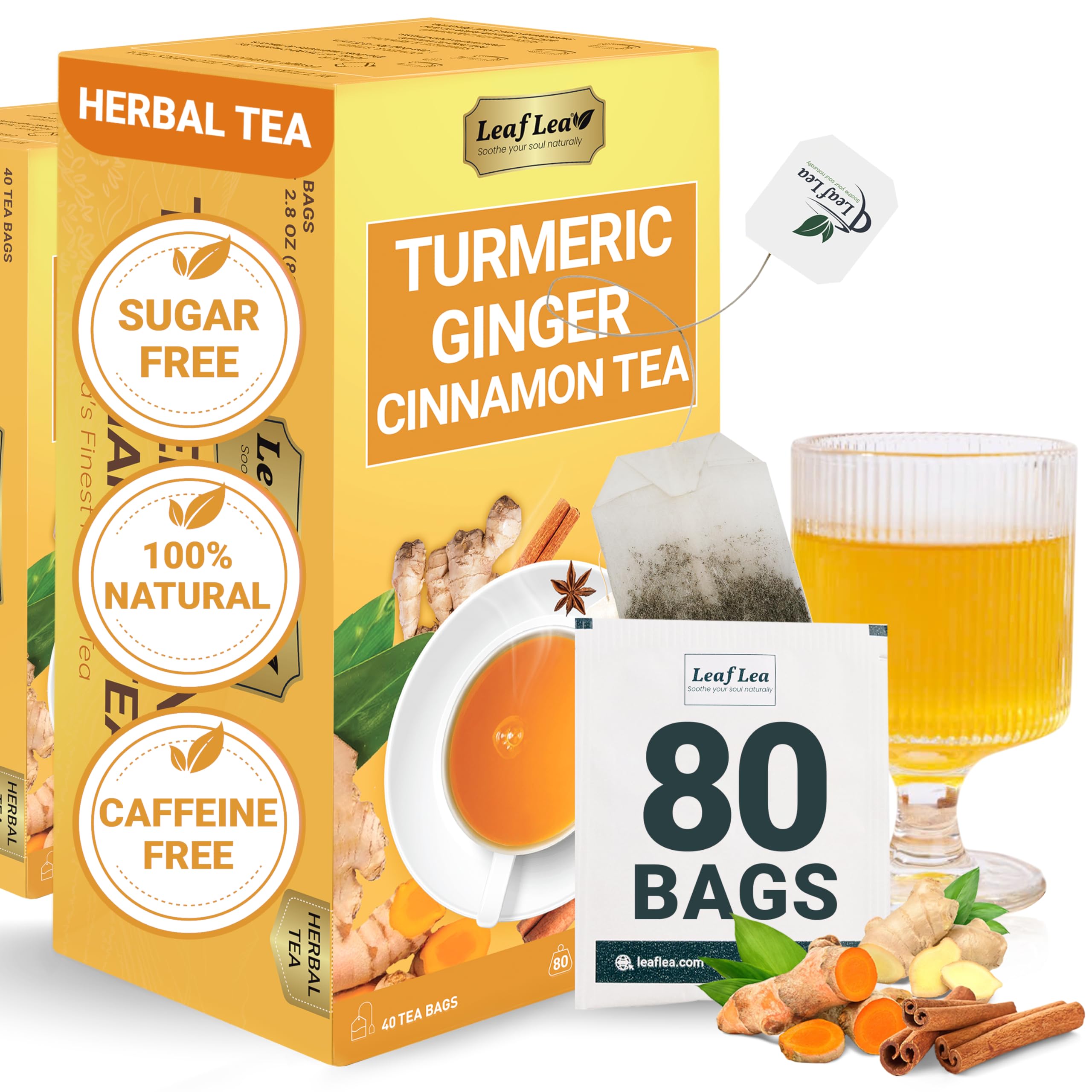LeafLea 40 Turmeric Ginger Cinnamon Tea Bags, 100% Natural Ingredients Herbal Tea, Turmeric Ginger Herbal Blend for Wellness, Vegan, No Sugar, Caffeine-Free, Individually Wrapped for Freshness