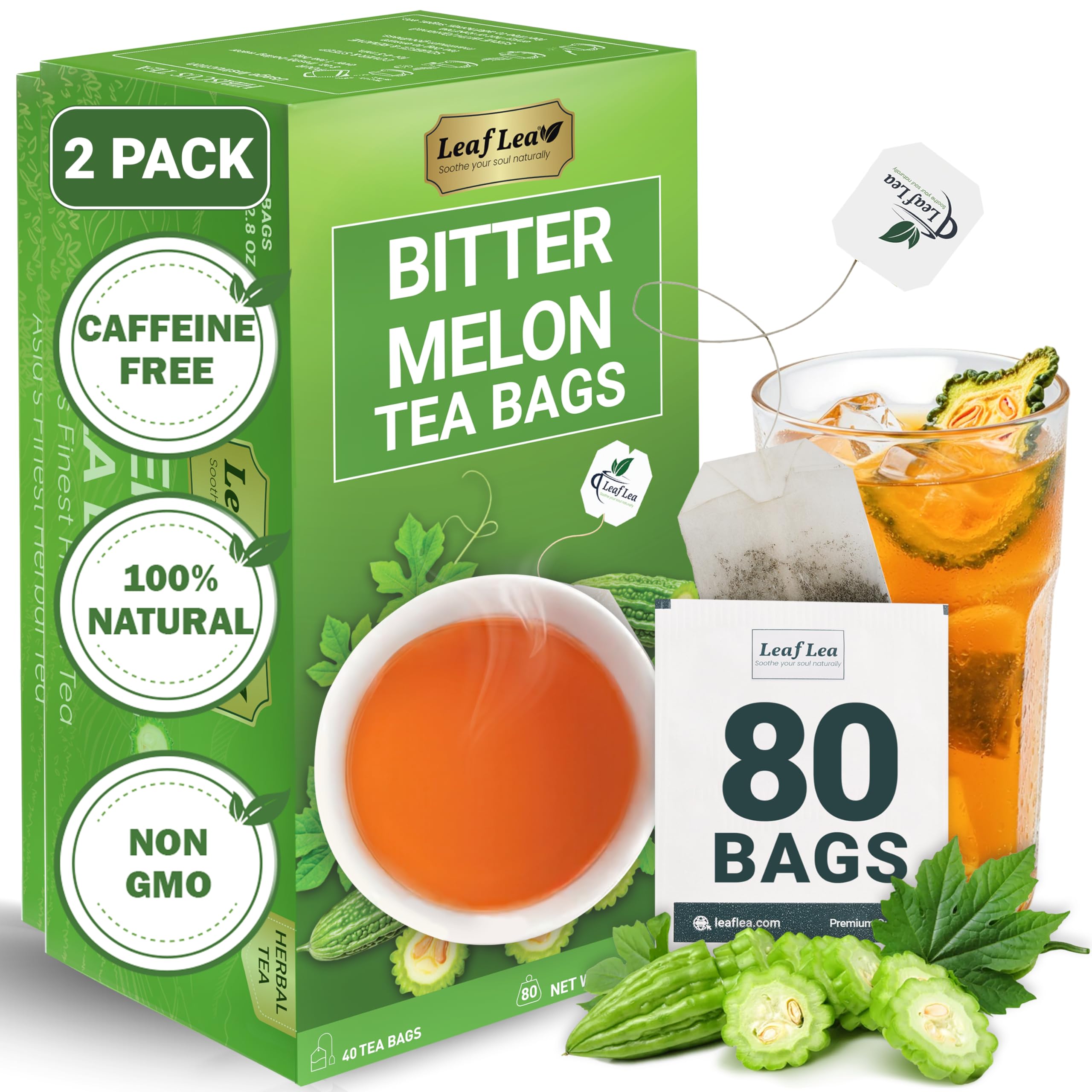 LeafLea 40 Turmeric Ginger Cinnamon Tea Bags, 100% Natural Ingredients Herbal Tea, Turmeric Ginger Herbal Blend for Wellness, Vegan, No Sugar, Caffeine-Free, Individually Wrapped for Freshness