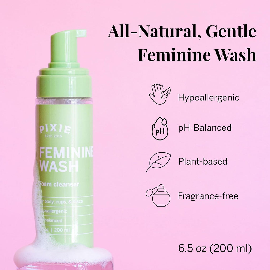 Pixie Feminine Wash – Healthy Foaming Cleaner with Natural Ingredients – More Foam Wash in Bottle Than Any Other Brand – pH Balanced & Plant Based – for Your Menstrual Cups and Discs, 6.5 Fluid oz