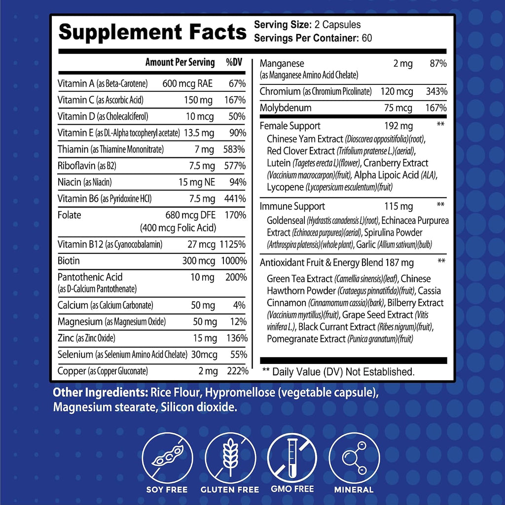37-in-1 Women's Multivitamin for Immune & Stress Support, Energy Booster, Bone & Skin Health & Hair Growth | Vitamin C, D3, Folic Acid, B-Complex, Biotin, Zinc & More | 120 Count