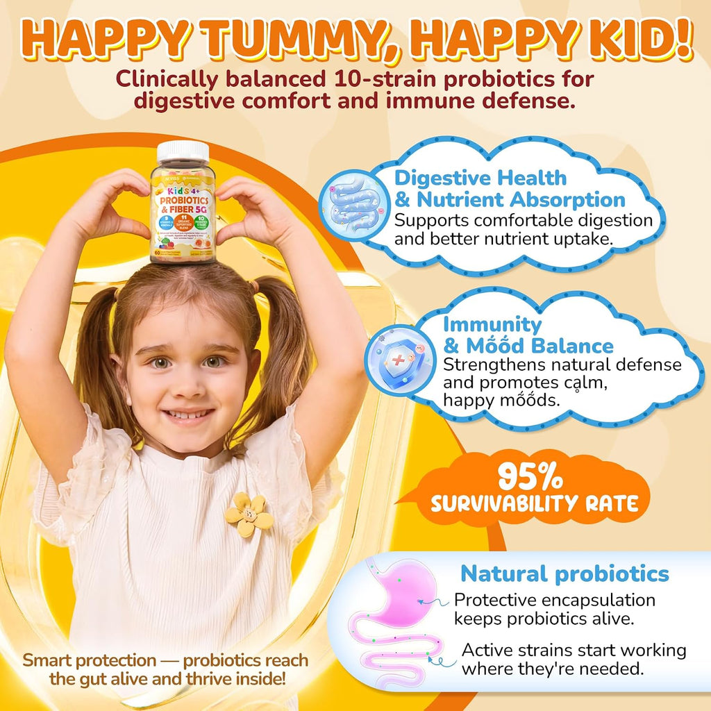 Kids Probiotic + Prebiotic Fiber Gummies 5G, 12 Billion CFU Probiotic & Veggie Fruit Fiber, w/ Organic Inulin, Methyl B12 B6 D3 C, Lutein for Children's Digestive & Gut, Immune Health, Sugar Free,60Ct