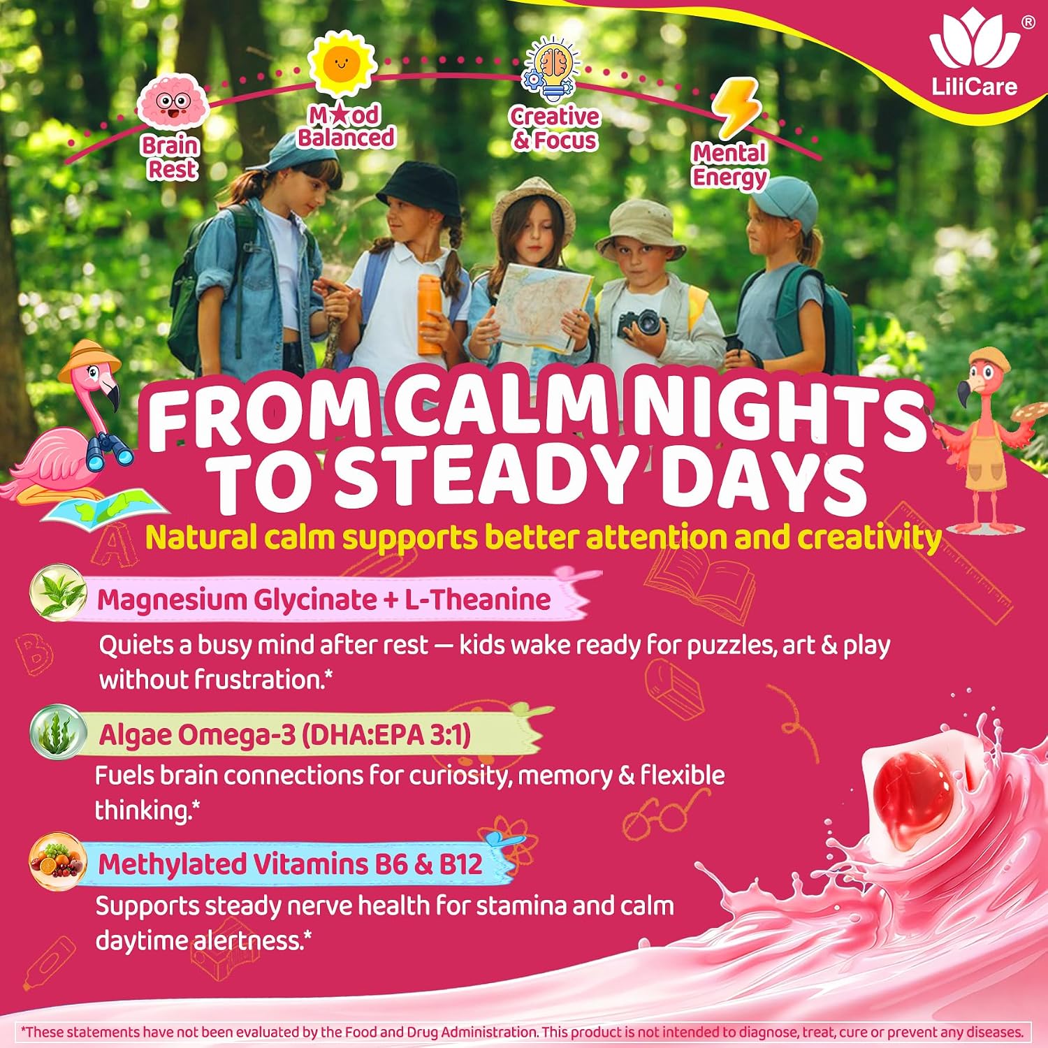Kids Calm Magnesium Glycinate Gummies, Natural Kids Calming Supplement w/Magnesium Citrate, L-Theanine & Chamomile, Omega-3, D3 B12, Support Calm Mind, Sl-eep, Focus, Muscle Relax, Sugar-Free, 60 Cts