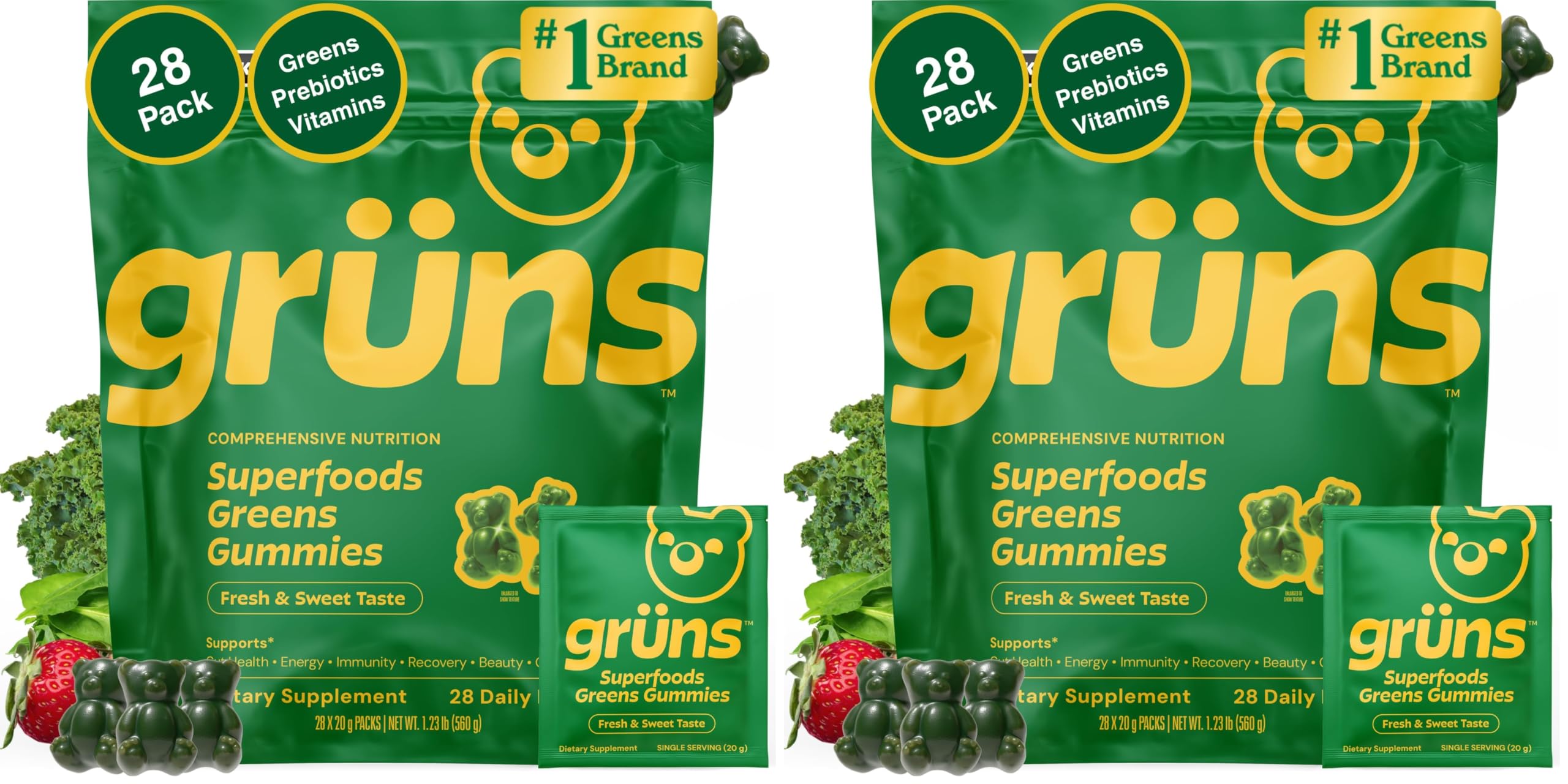 Gruns Adult Super Greens Multivitamin Gummies, Superfood Gummy Vitamins for Women and Men with Spirulina, Chlorella, Adaptogens & Prebiotic Fiber for Digestive Health (28 Count)