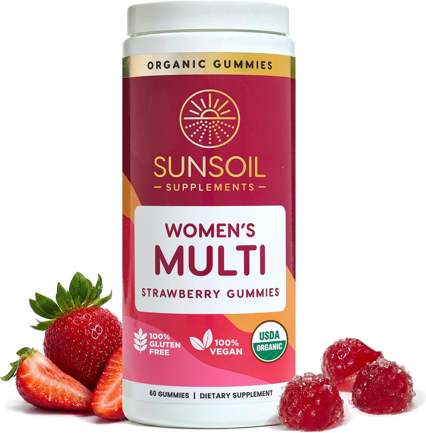 Sunsoil Women's Multivitamin Organic Gummies, USDA Certified Organic, No Glucose, Vegan, Gluten-Free, Plant-Based