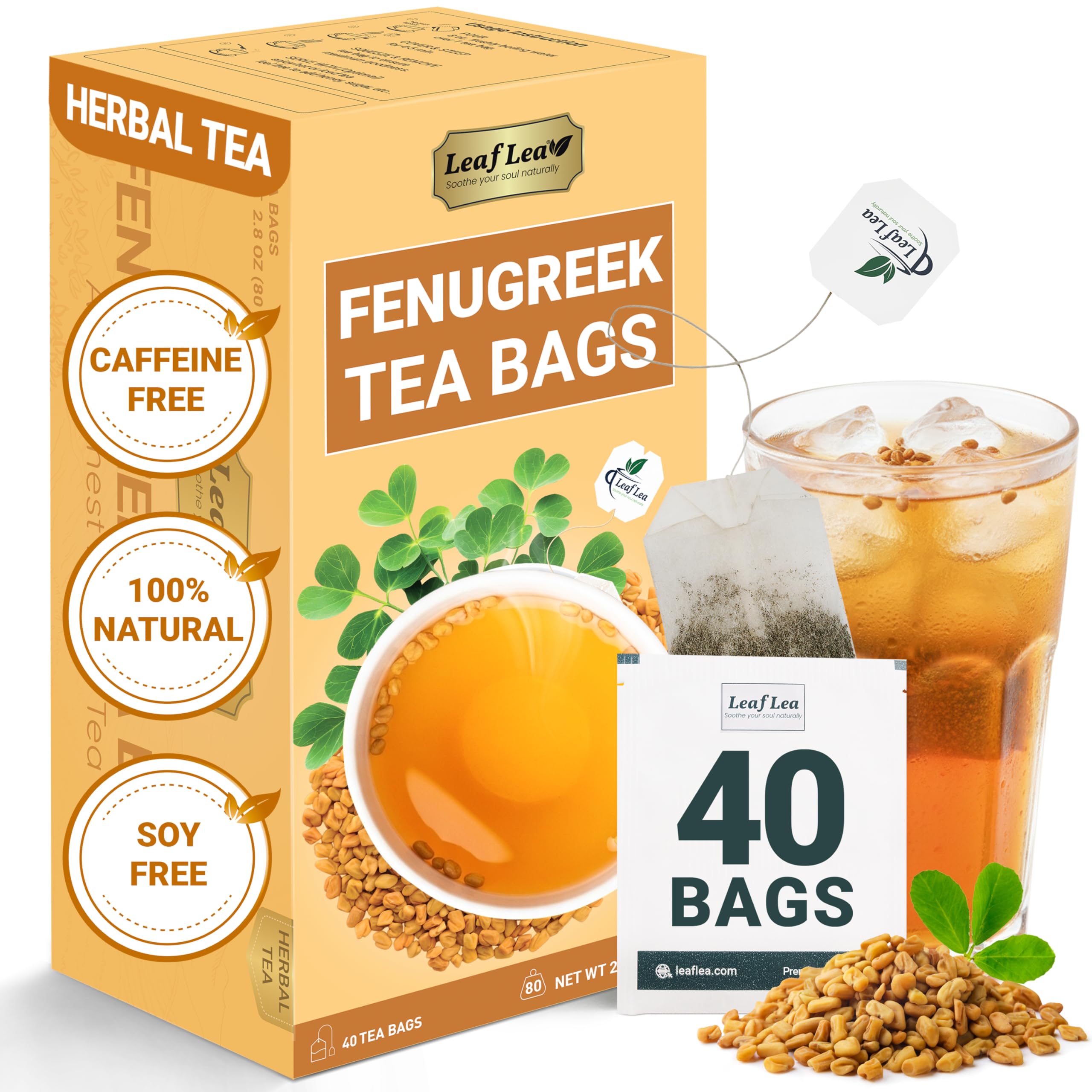 LeafLea 40 Turmeric Ginger Cinnamon Tea Bags, 100% Natural Ingredients Herbal Tea, Turmeric Ginger Herbal Blend for Wellness, Vegan, No Sugar, Caffeine-Free, Individually Wrapped for Freshness