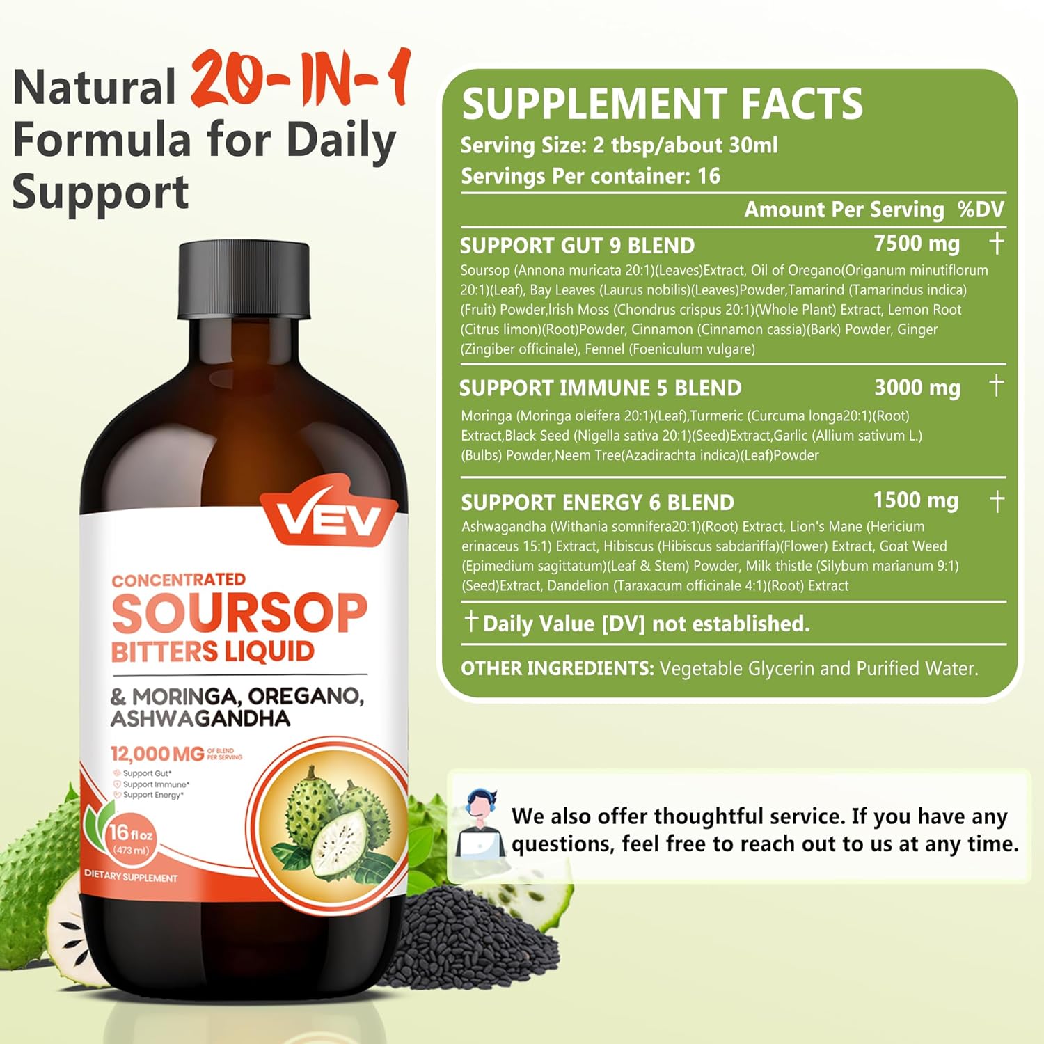 VEV Soursop Bitters Liquid, Graviola Extract Sugar-Free Formula, 20 IN 1, with Black Seed, Moringa & Oregano, Digestive Health & Immune Function, Stress Relief, Sleep Support, Vegan -16 oz