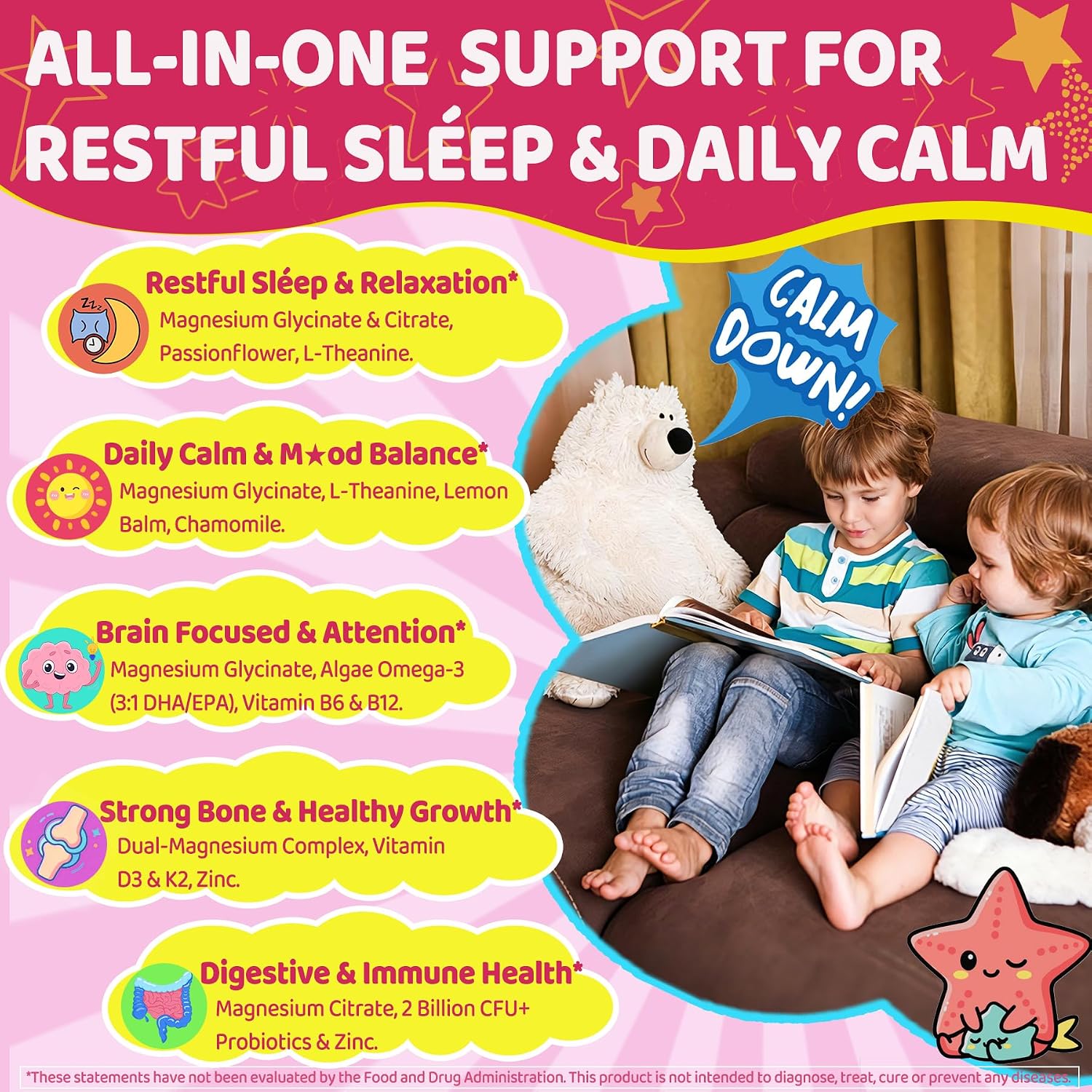 Kids Calm Magnesium Glycinate Gummies, Natural Kids Calming Supplement w/Magnesium Citrate, L-Theanine & Chamomile, Omega-3, D3 B12, Support Calm Mind, Sl-eep, Focus, Muscle Relax, Sugar-Free, 60 Cts
