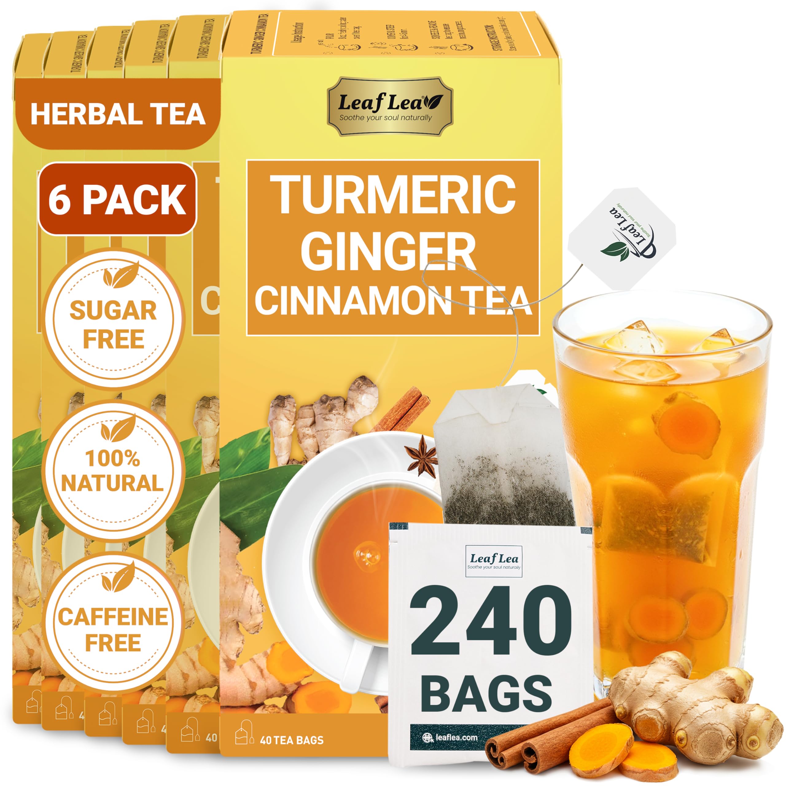 LeafLea 40 Turmeric Ginger Cinnamon Tea Bags, 100% Natural Ingredients Herbal Tea, Turmeric Ginger Herbal Blend for Wellness, Vegan, No Sugar, Caffeine-Free, Individually Wrapped for Freshness
