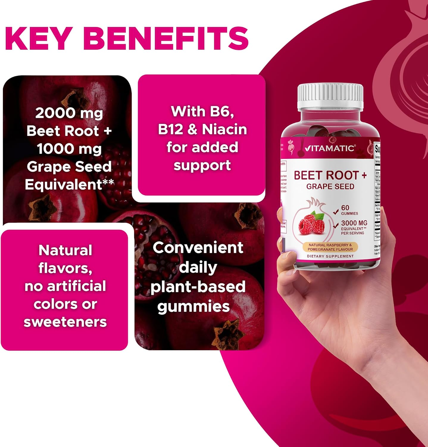 Vitamatic Beet Root Gummies - 3000mg Equivalent Per Serving - 60 Gummies - Made with Vitamin B6, B12, Grape Seed, Pomegranate & Nicotinamide
