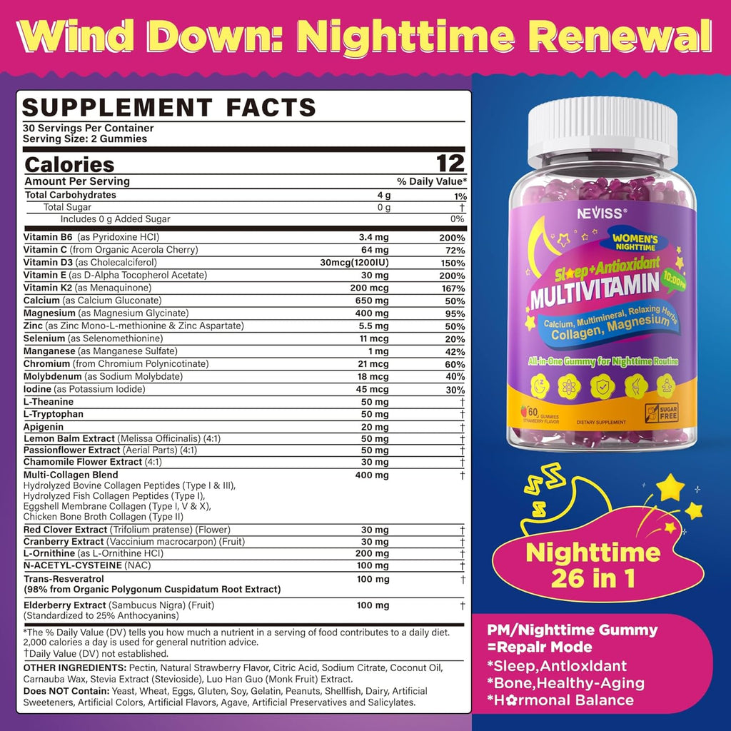 NEVISS Multivitamin for Women Gummies with Magnesium Glycinate 400mg, Hydrolyzed Collagen Gummy for Night Renewal/Sleep, Calcium D3K2, Antioxidant, Relax, Bone, Womens 18 30 40 50 60 70+ Daily Vitamin