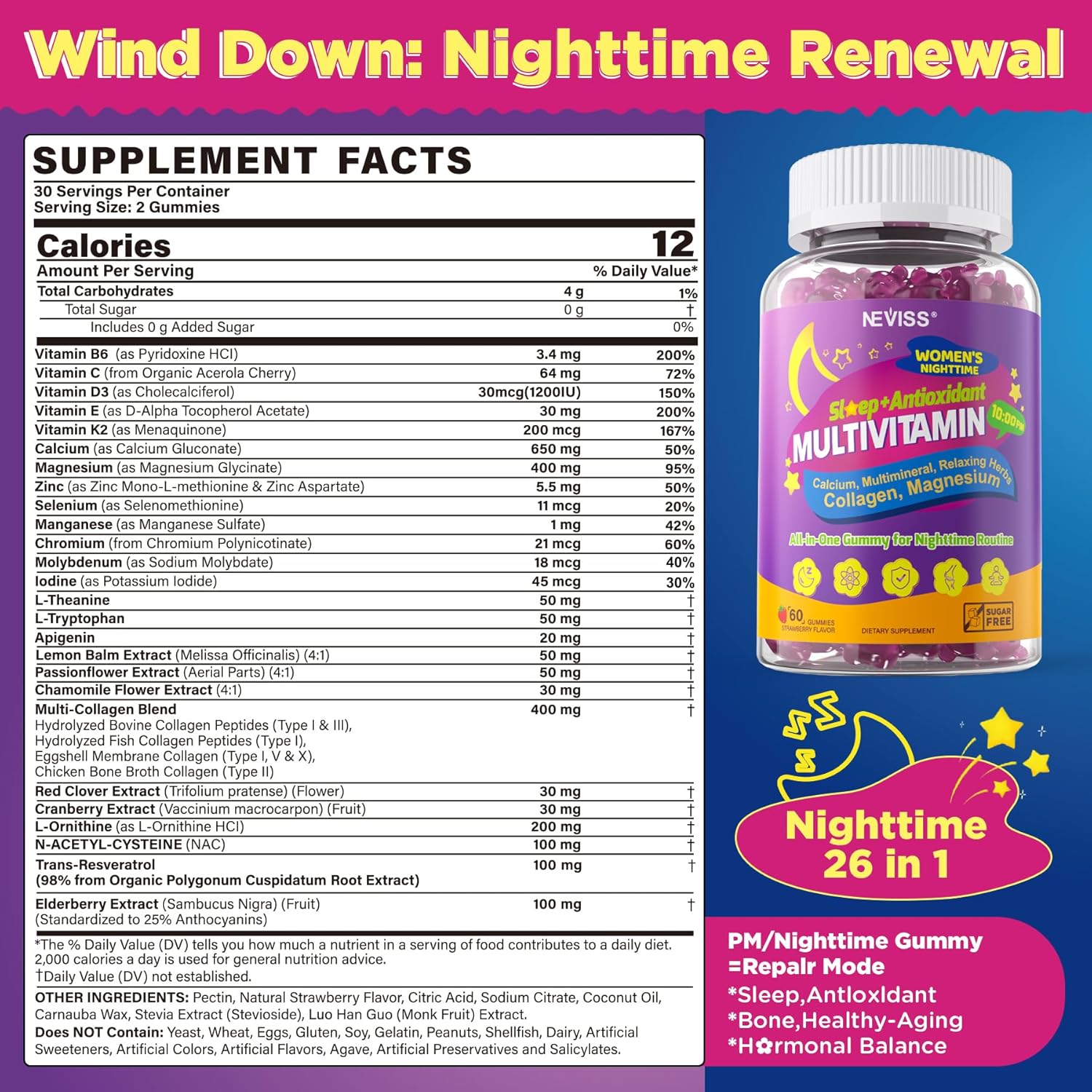 NEVISS Multivitamin for Women Gummies with Magnesium Glycinate 400mg, Hydrolyzed Collagen Gummy for Night Renewal/Sleep, Calcium D3K2, Antioxidant, Relax, Bone, Womens 18 30 40 50 60 70+ Daily Vitamin