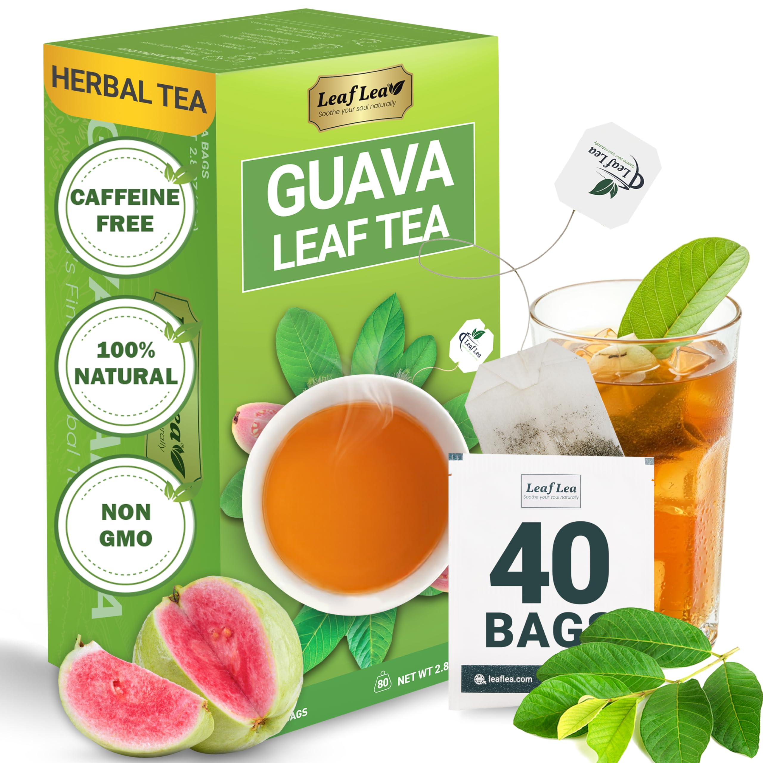 LeafLea 40 Turmeric Ginger Cinnamon Tea Bags, 100% Natural Ingredients Herbal Tea, Turmeric Ginger Herbal Blend for Wellness, Vegan, No Sugar, Caffeine-Free, Individually Wrapped for Freshness