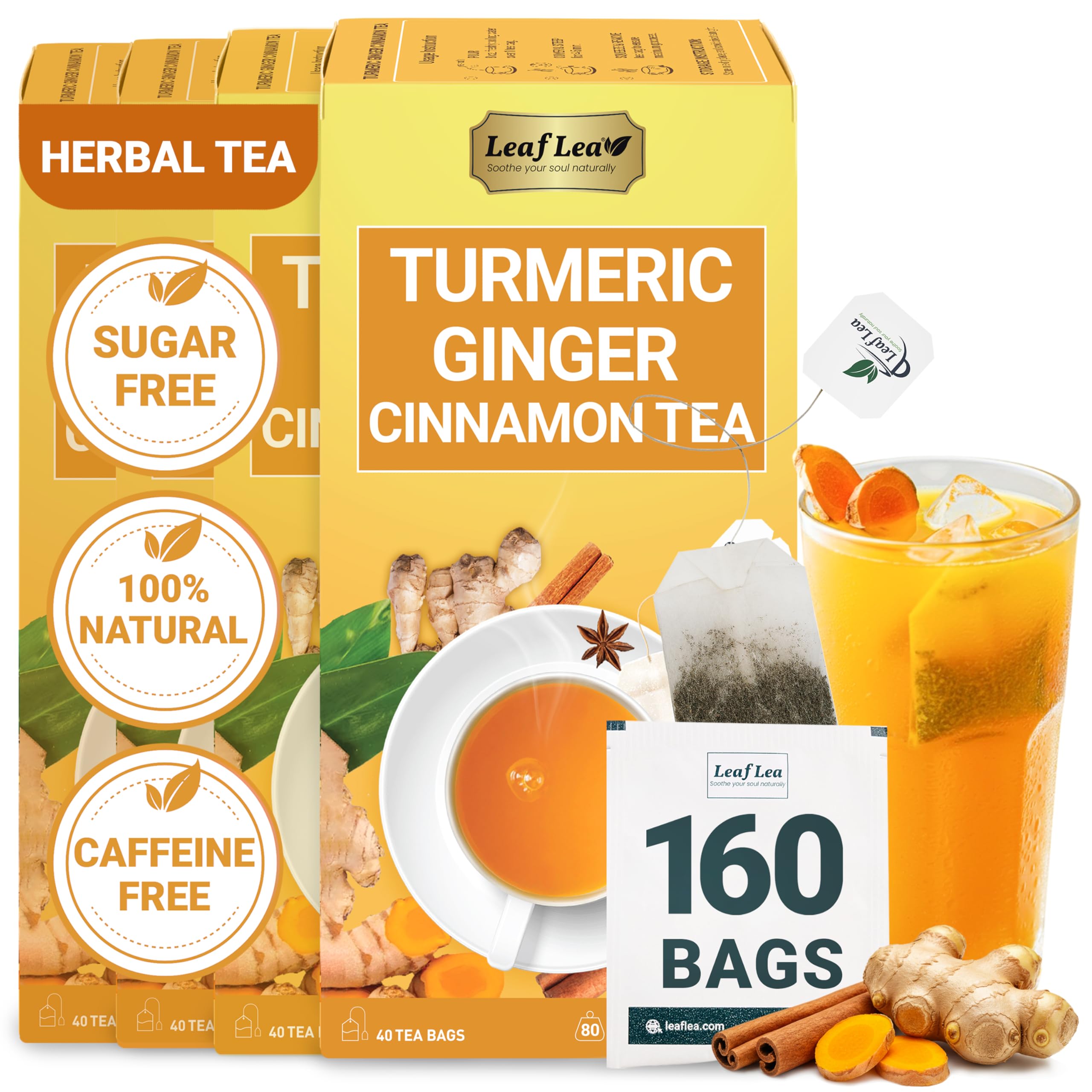 LeafLea 40 Turmeric Ginger Cinnamon Tea Bags, 100% Natural Ingredients Herbal Tea, Turmeric Ginger Herbal Blend for Wellness, Vegan, No Sugar, Caffeine-Free, Individually Wrapped for Freshness