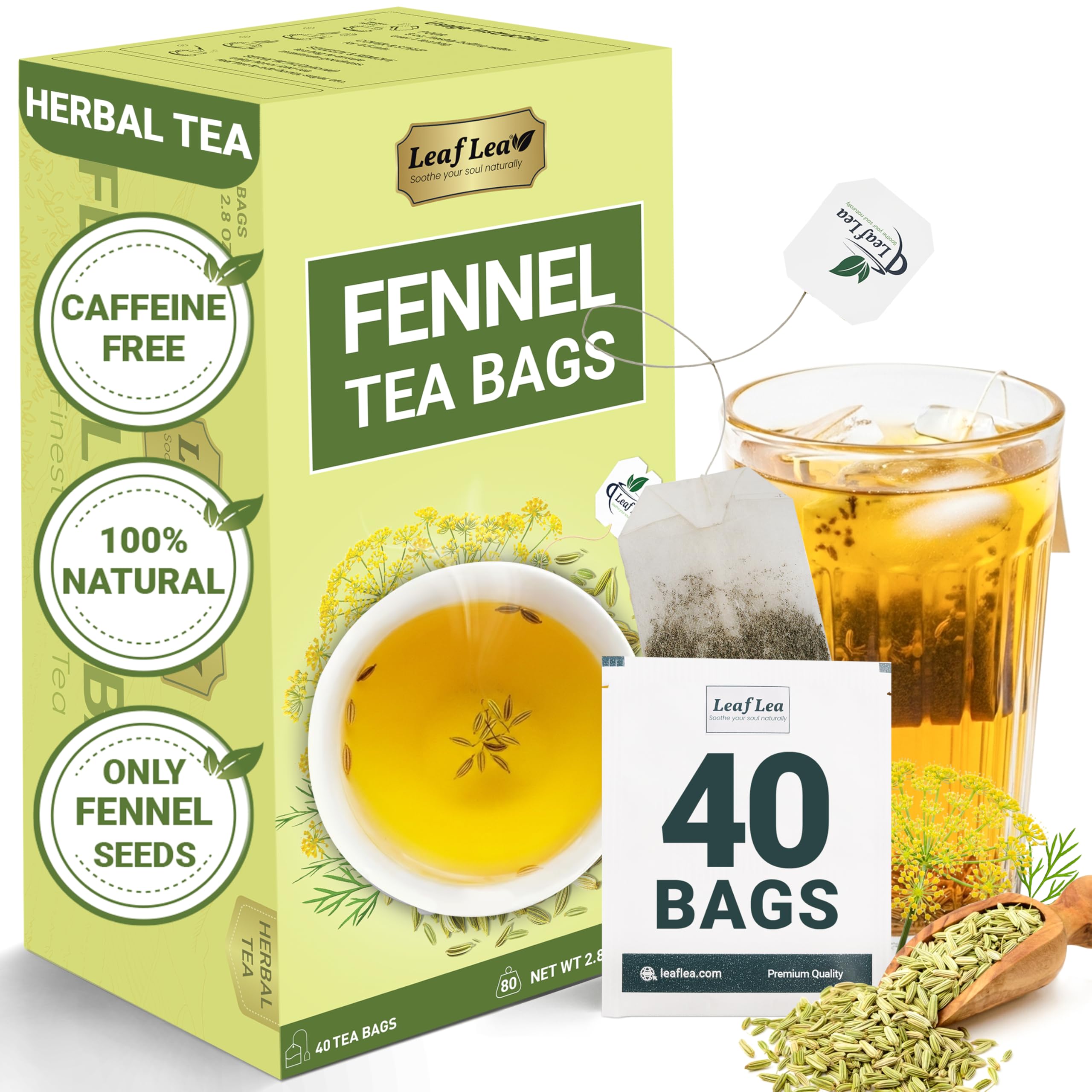 LeafLea 40 Turmeric Ginger Cinnamon Tea Bags, 100% Natural Ingredients Herbal Tea, Turmeric Ginger Herbal Blend for Wellness, Vegan, No Sugar, Caffeine-Free, Individually Wrapped for Freshness