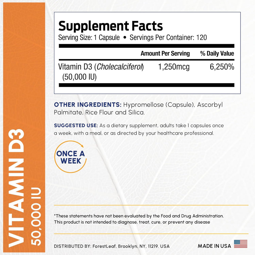 ForestLeaf Vitamin D3 50,000 IU | VIT D - Kosher VIT D3 Vitamin D Supplement for Women and Men | Bone Health, Teeth, Immune Support | Weekly Dose, 2-Year Supply, 120 Caps