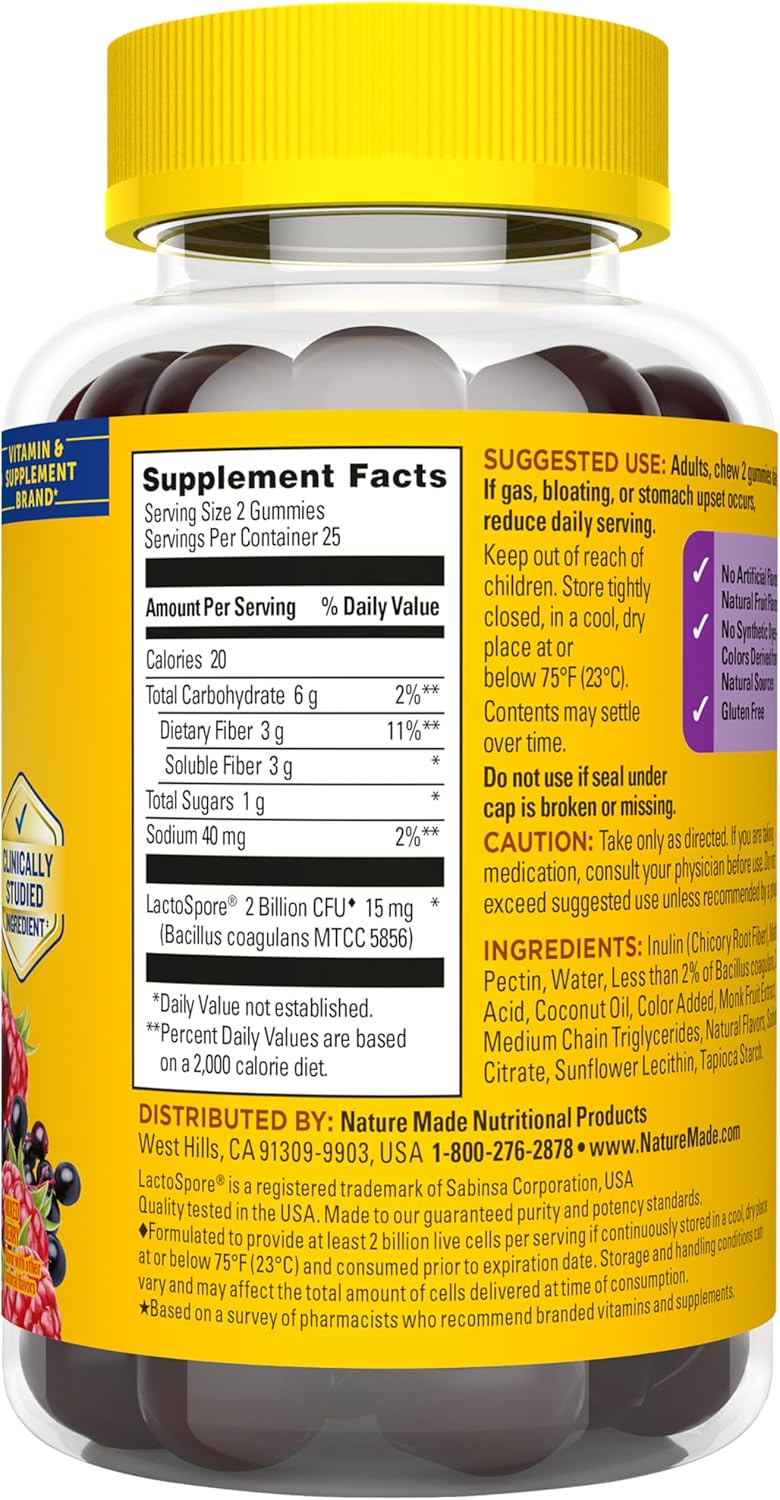 Nature Made Probiotic + Prebiotic Fiber Gummies for Daily Gut Health, Fiber Supplement, 50 Gummies