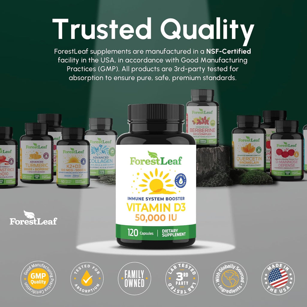 ForestLeaf Vitamin D3 50,000 IU | VIT D - Kosher VIT D3 Vitamin D Supplement for Women and Men | Bone Health, Teeth, Immune Support | Weekly Dose, 2-Year Supply, 120 Caps