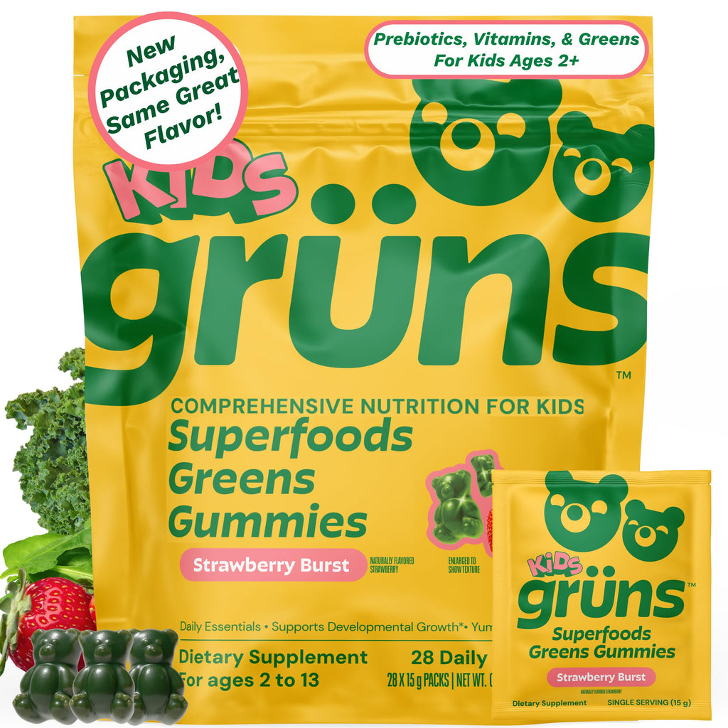 Gruns Multivitamin for Kids, Sugar-Free, Super Greens Superfood Gummy Bears with 20 Vitamins & Minerals, Alfalfa, Spirulina, Chlorella, Prebiotics Fiber for Digestive Health, Adaptogens, 28 ct