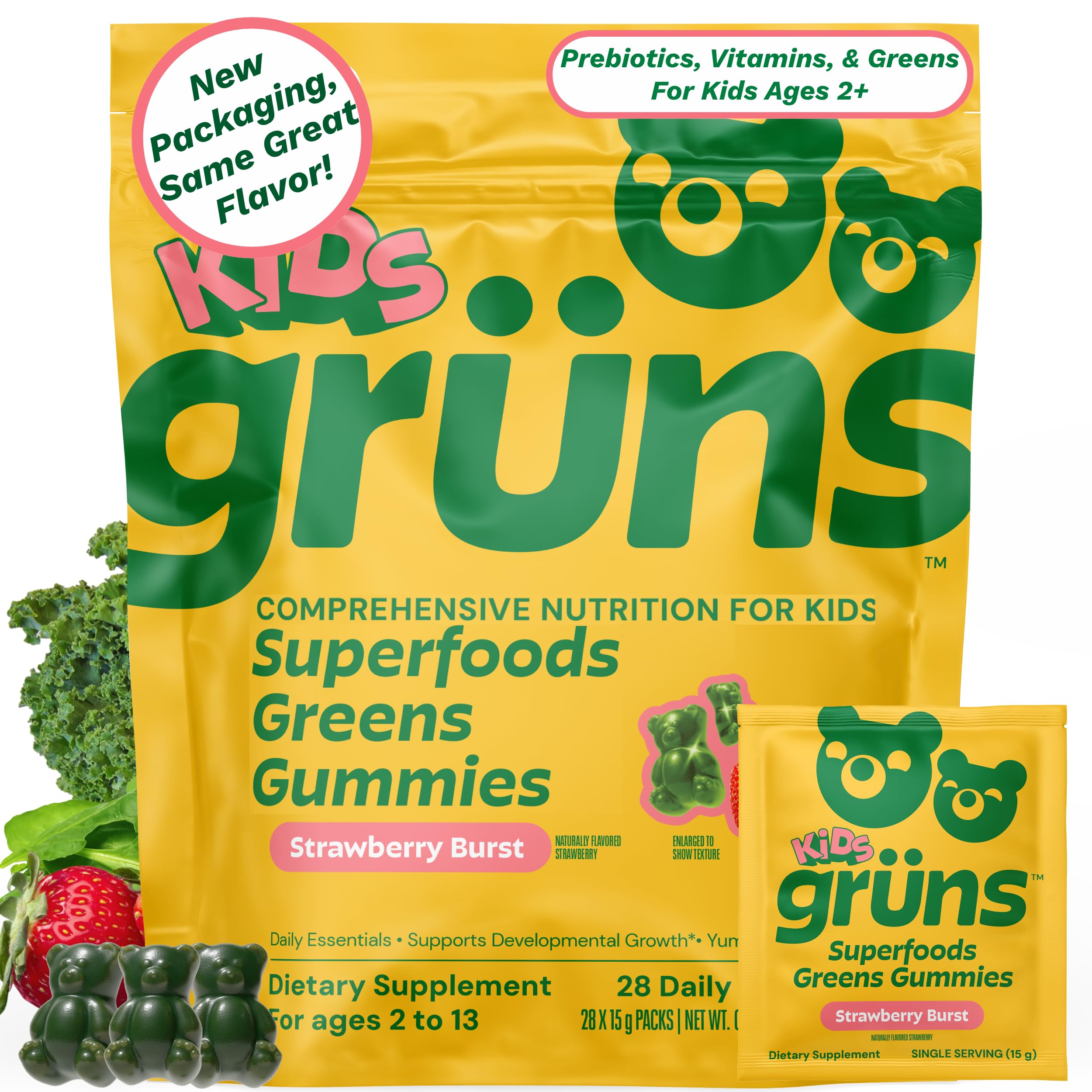 Gruns Multivitamin for Kids, Sugar-Free, Super Greens Superfood Gummy Bears with 20 Vitamins & Minerals, Alfalfa, Spirulina, Chlorella, Prebiotics Fiber for Digestive Health, Adaptogens, 28 ct
