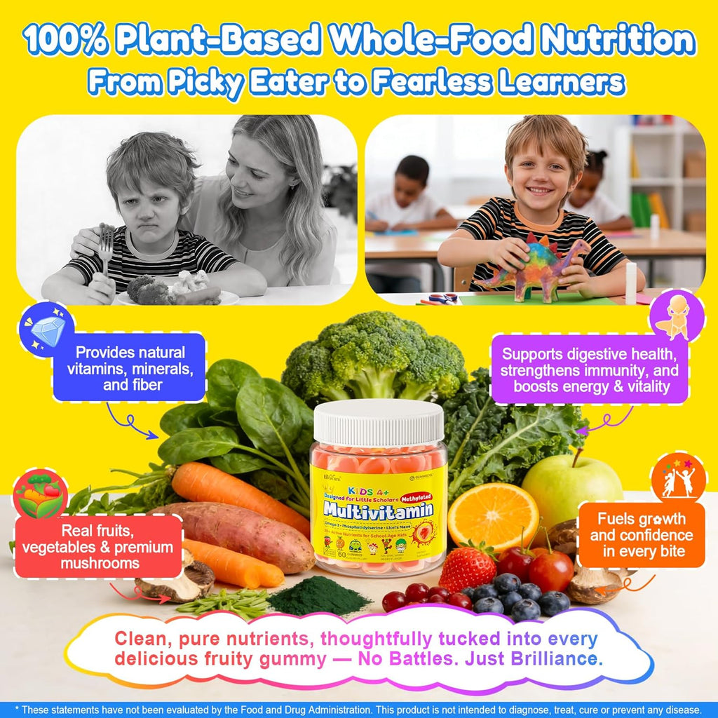 Kids Methylated Multivitamin Gummies with Omega 3 DHA/EPA, Methyl 12 & Folate, Lion's Mane Mushroom, Vitamin D3, C, Zinc, Magnesium, Picky Eater Vitamins Children 4+ for Brain, Focus, Sugar Free, 60Ct