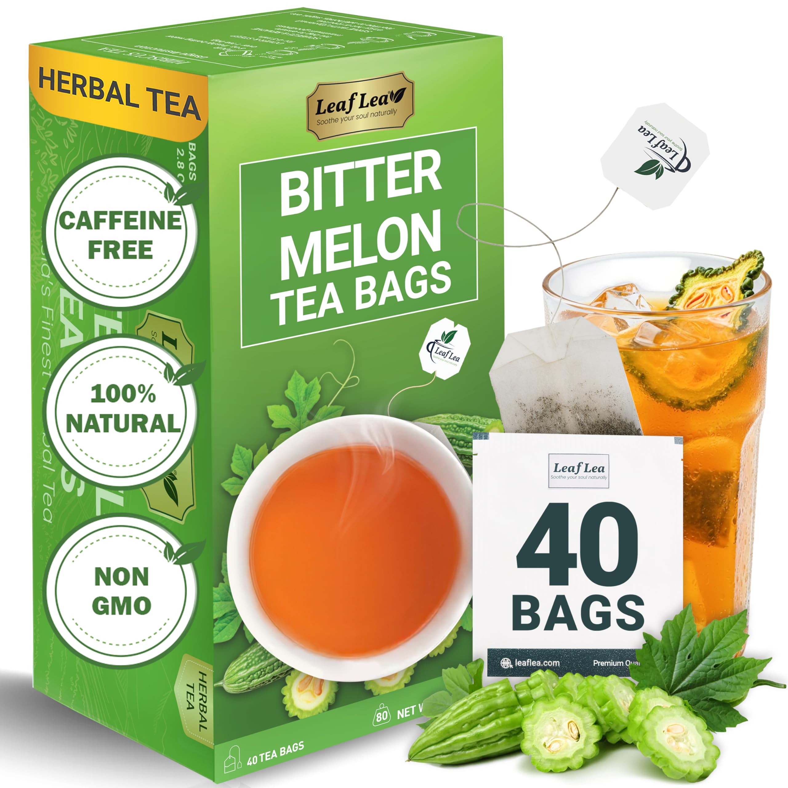 LeafLea 40 Turmeric Ginger Cinnamon Tea Bags, 100% Natural Ingredients Herbal Tea, Turmeric Ginger Herbal Blend for Wellness, Vegan, No Sugar, Caffeine-Free, Individually Wrapped for Freshness