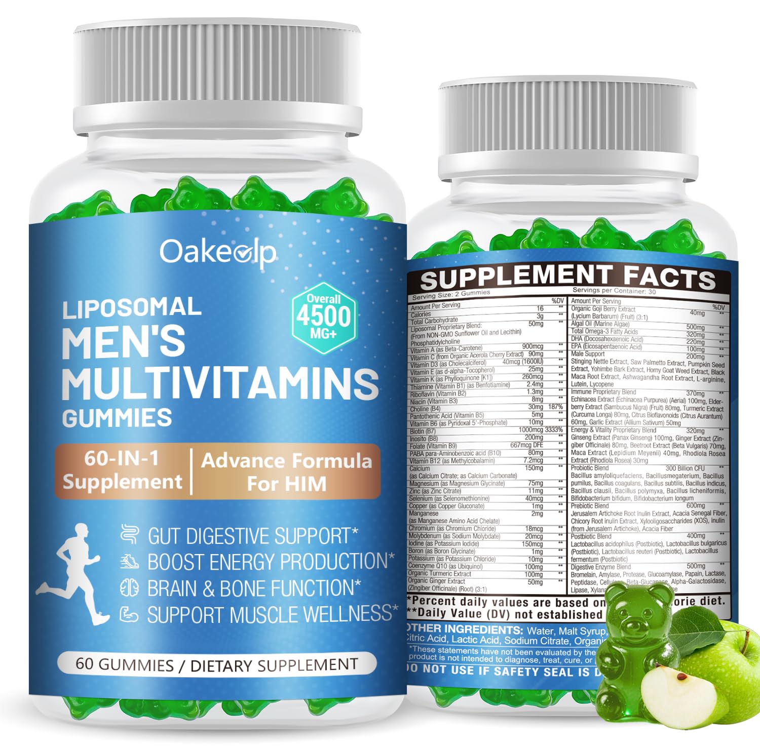 2 Pack 60-IN-1 Liposomal Methylated Multivitamin Gummy for Men Overall 4500MG+,Vitamin A C D3 K E B Complex ,Probiotics,Omega 3,CoQ10,Zinc,120+ Nutrients,for Immune,Heart and Digestive Wellness