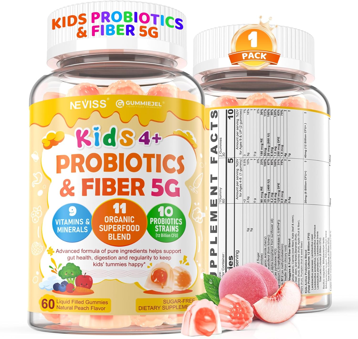 Kids Probiotic + Prebiotic Fiber Gummies 5G, 12 Billion CFU Probiotic & Veggie Fruit Fiber, w/ Organic Inulin, Methyl B12 B6 D3 C, Lutein for Children's Digestive & Gut, Immune Health, Sugar Free,60Ct