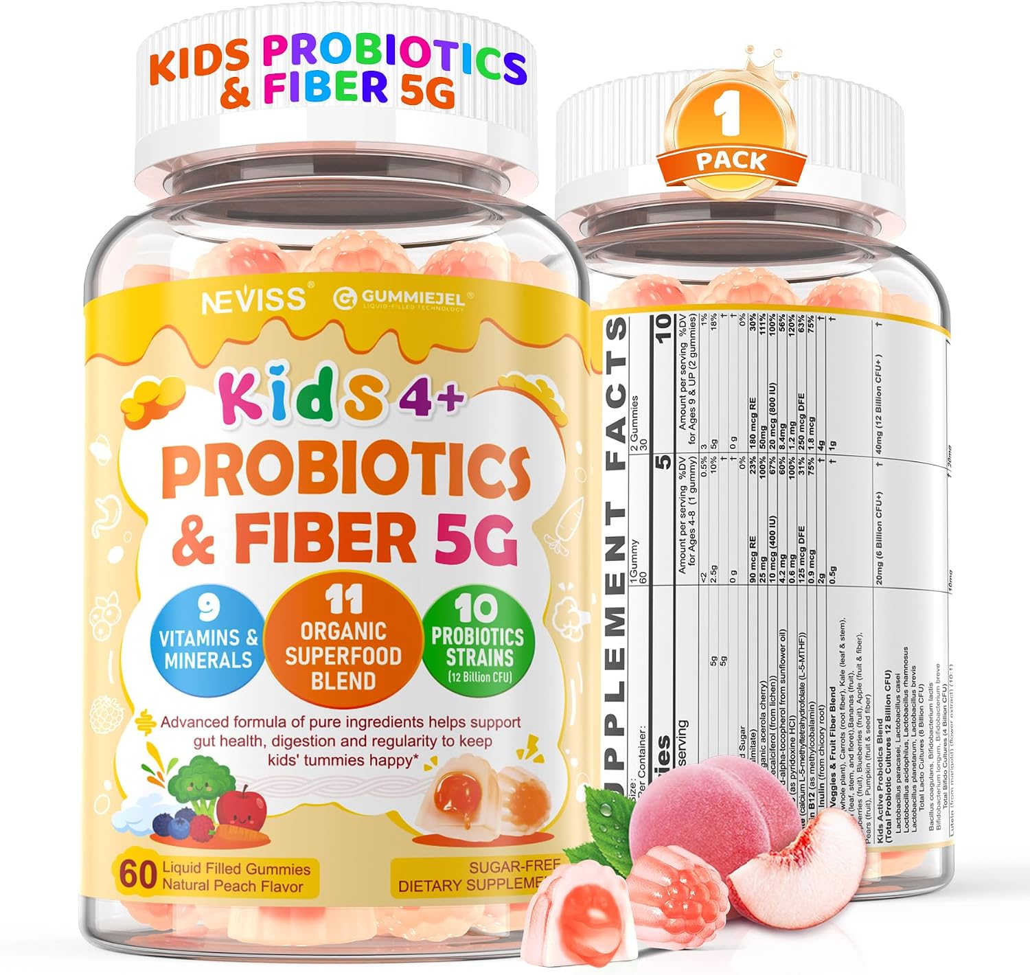 Kids Probiotic + Prebiotic Fiber Gummies 5G, 12 Billion CFU Probiotic & Veggie Fruit Fiber, w/ Organic Inulin, Methyl B12 B6 D3 C, Lutein for Children's Digestive & Gut, Immune Health, Sugar Free,60Ct