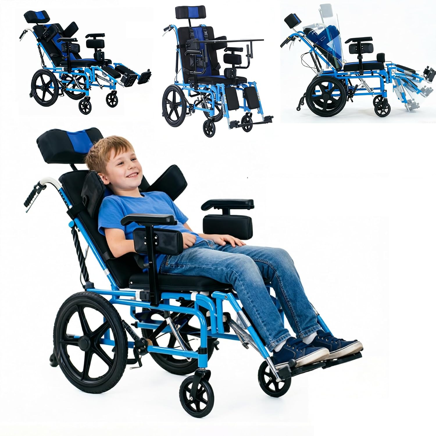 Full Reclining Pediatric Wheelchair – Heavy Duty Folding Kids Wheelchair with Headrest, Meal Tray & Elevating Footrest, Medical Mobility Chair for Home, Travel & Rehabilitation (Blue)