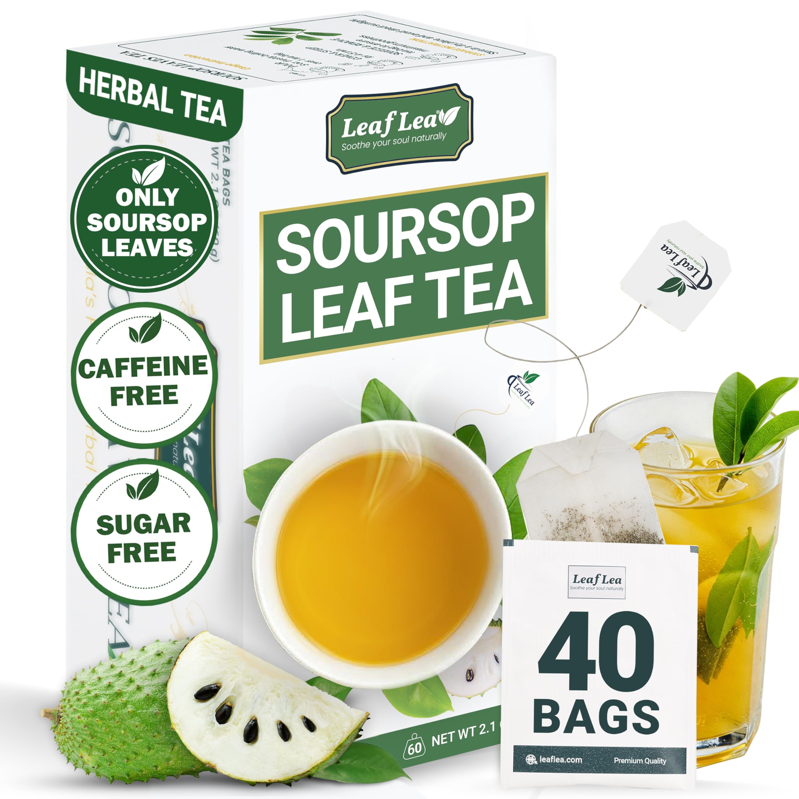 LeafLea 40 Turmeric Ginger Cinnamon Tea Bags, 100% Natural Ingredients Herbal Tea, Turmeric Ginger Herbal Blend for Wellness, Vegan, No Sugar, Caffeine-Free, Individually Wrapped for Freshness