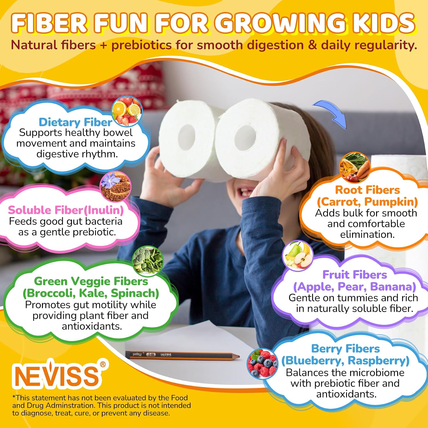 Kids Probiotic + Prebiotic Fiber Gummies 5G, 12 Billion CFU Probiotic & Veggie Fruit Fiber, w/ Organic Inulin, Methyl B12 B6 D3 C, Lutein for Children's Digestive & Gut, Immune Health, Sugar Free,60Ct