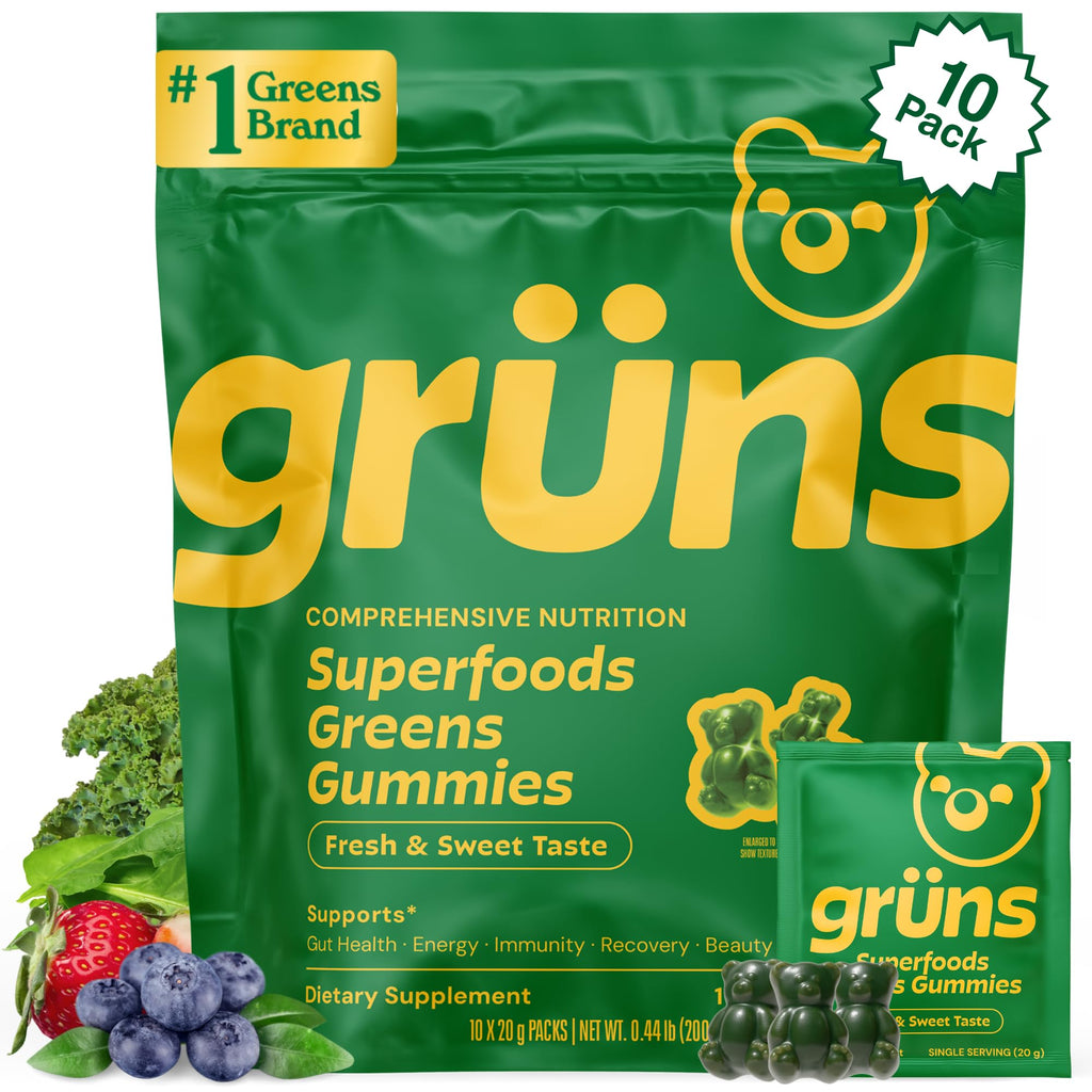 Gruns Adult Super Greens Multivitamin Gummies, Superfood Gummy Vitamins for Women and Men with Spirulina, Chlorella, Adaptogens & Prebiotic Fiber for Digestive Health (28 Count)