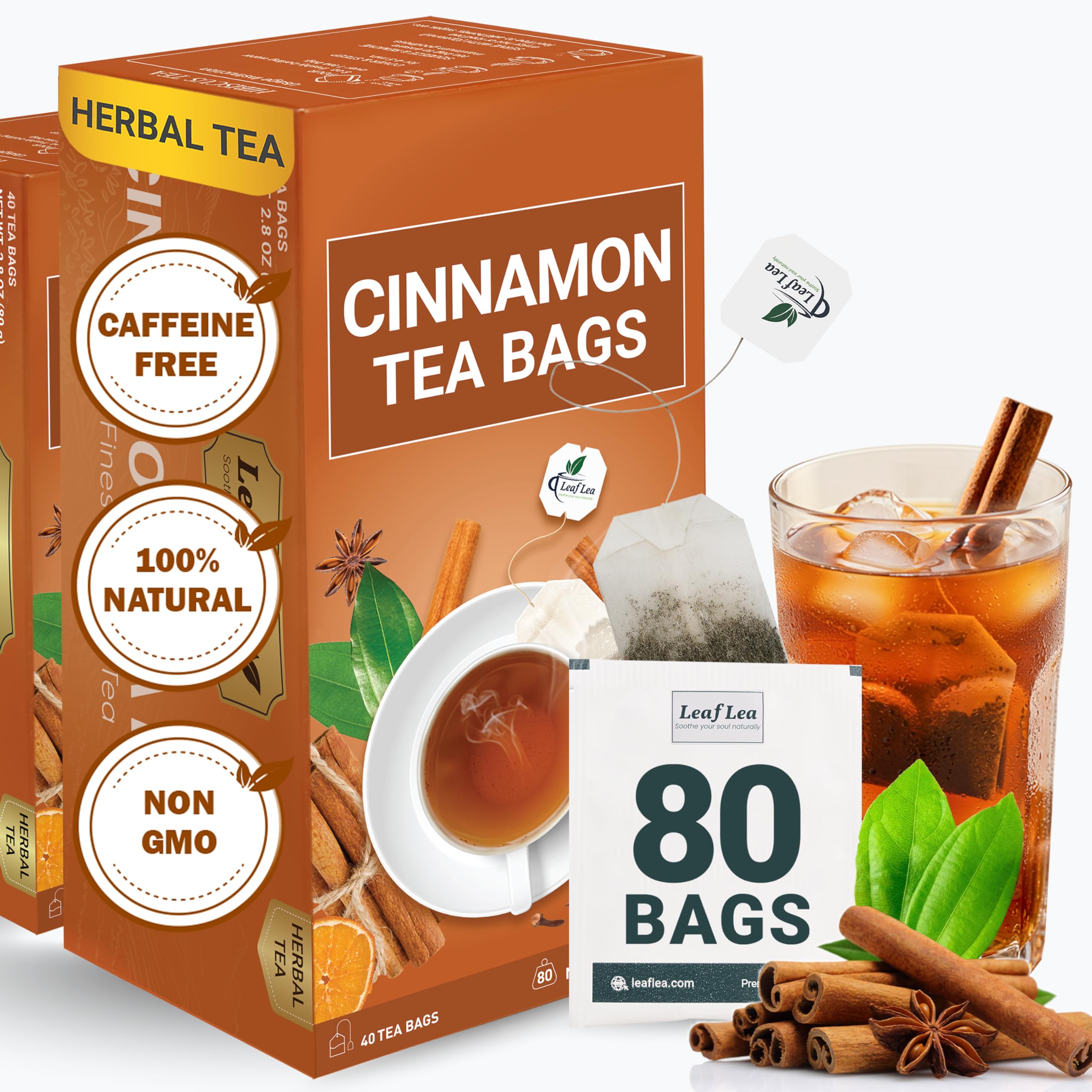 LeafLea 40 Turmeric Ginger Cinnamon Tea Bags, 100% Natural Ingredients Herbal Tea, Turmeric Ginger Herbal Blend for Wellness, Vegan, No Sugar, Caffeine-Free, Individually Wrapped for Freshness
