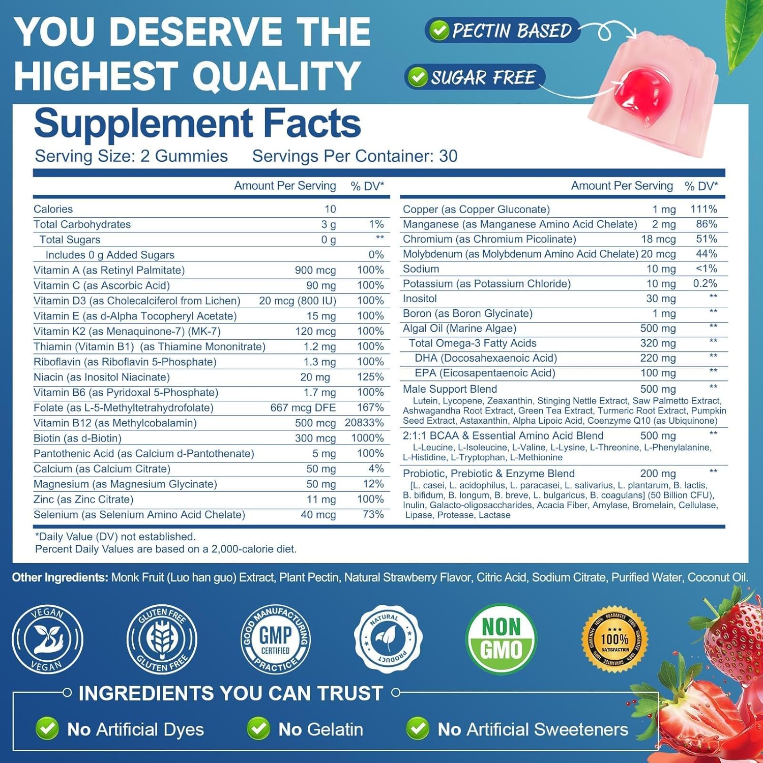 Totaria Sugar Free Multivitamin for Men with Omega 3, Probiotics, Mens Multivitamins Gummies w/Methylated B Complex, EAAs, Lycopene, Zinc, for Daily Energy, Immune, Heart, Iron Free, 60 Count