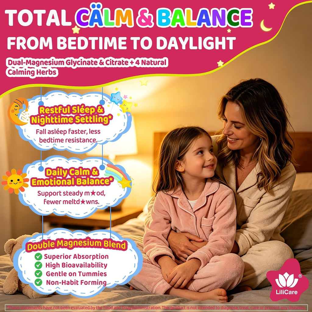 Kids Calm Magnesium Glycinate Gummies, Natural Kids Calming Supplement w/Magnesium Citrate, L-Theanine & Chamomile, Omega-3, D3 B12, Support Calm Mind, Sl-eep, Focus, Muscle Relax, Sugar-Free, 60 Cts
