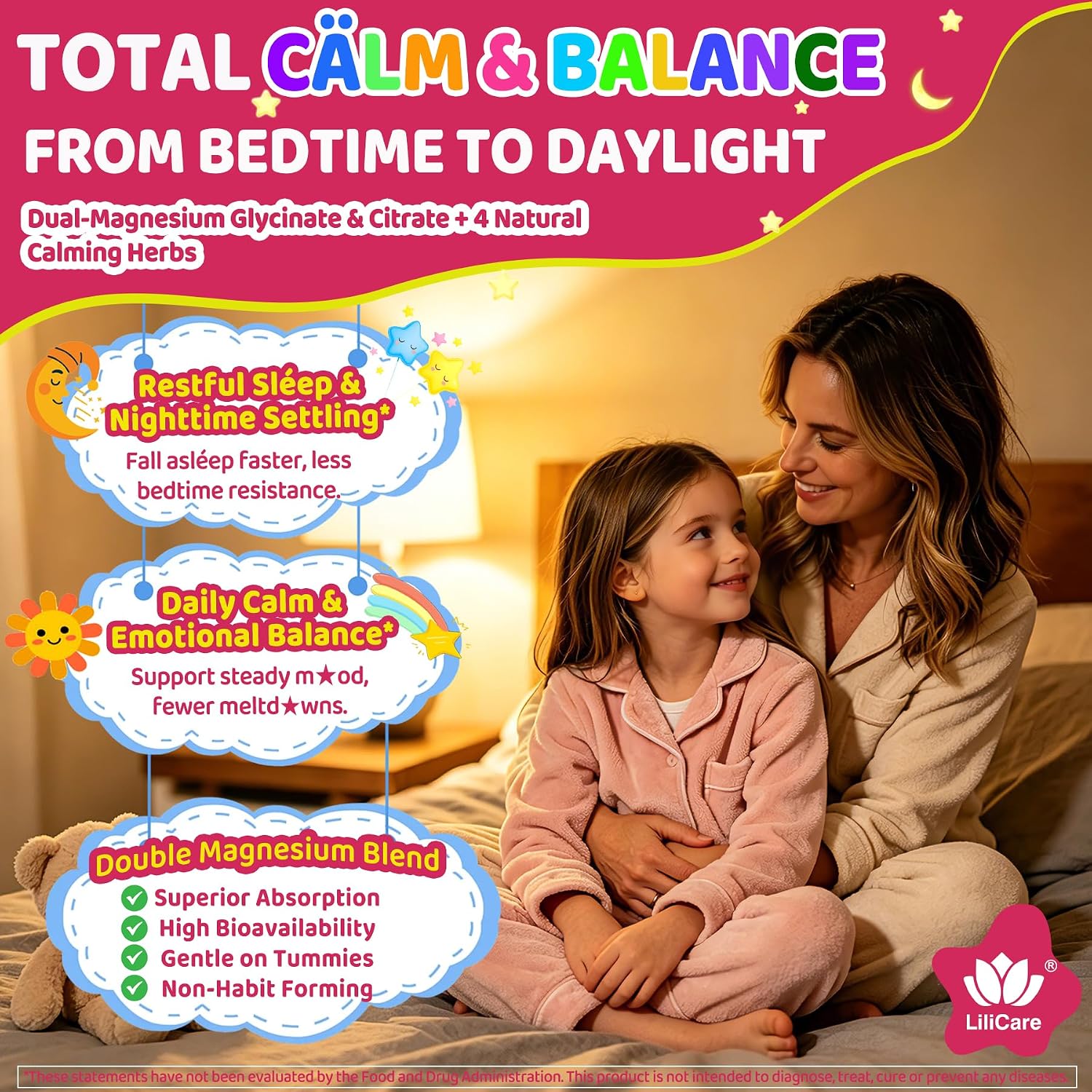 Kids Calm Magnesium Glycinate Gummies, Natural Kids Calming Supplement w/Magnesium Citrate, L-Theanine & Chamomile, Omega-3, D3 B12, Support Calm Mind, Sl-eep, Focus, Muscle Relax, Sugar-Free, 60 Cts