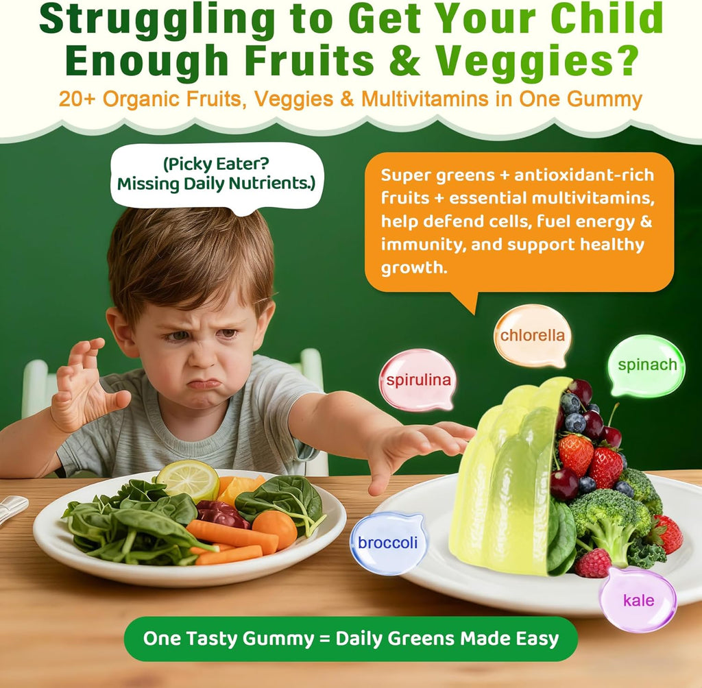 Kids Multivitamin Gummies, 20+ Super Greens Fruit Veggies Supplement Superfood Daily Fiber Gummies for Picky Eater with Probiotics Kids Gummy Vitamins & Minerals for Growth, Gut, Immune Support, 60Cts