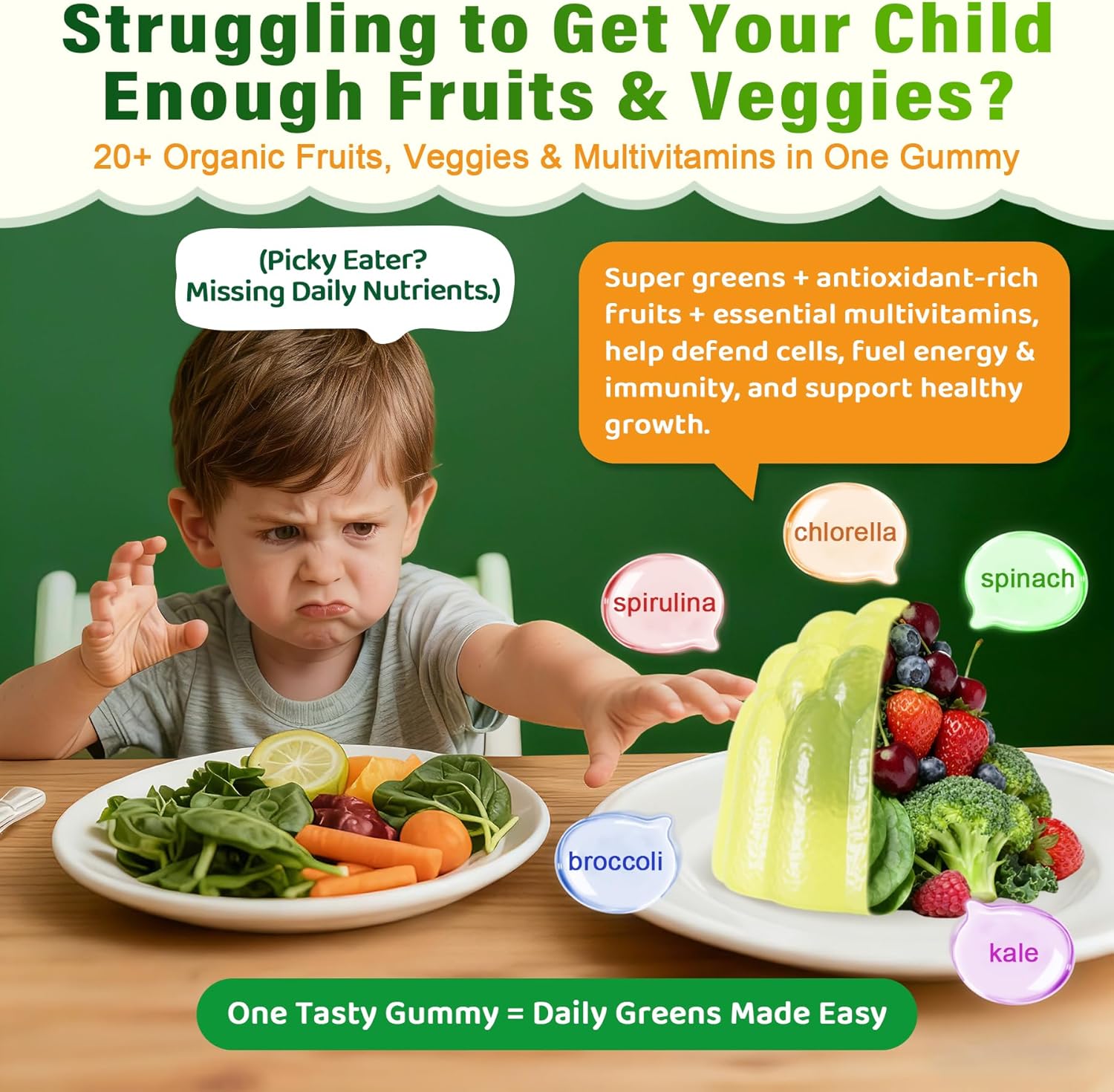 Kids Multivitamin Gummies, 20+ Super Greens Fruit Veggies Supplement Superfood Daily Fiber Gummies for Picky Eater with Probiotics Kids Gummy Vitamins & Minerals for Growth, Gut, Immune Support, 60Cts
