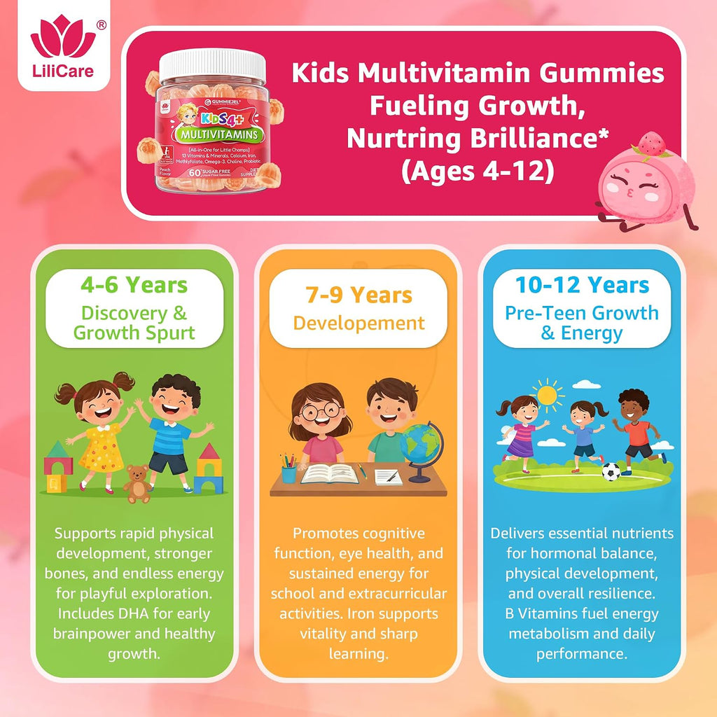 Kids Multivitamin Gummies + Omega 3(DHA/EPA), Methylated Multivitamin for Kids + Iron, Choline, Probiotic, Vitamins A C D3 K2 E, Methylfolate, B6, B12 for Growth, Immune, Bone, Brain, No Sugar, 60 Cts