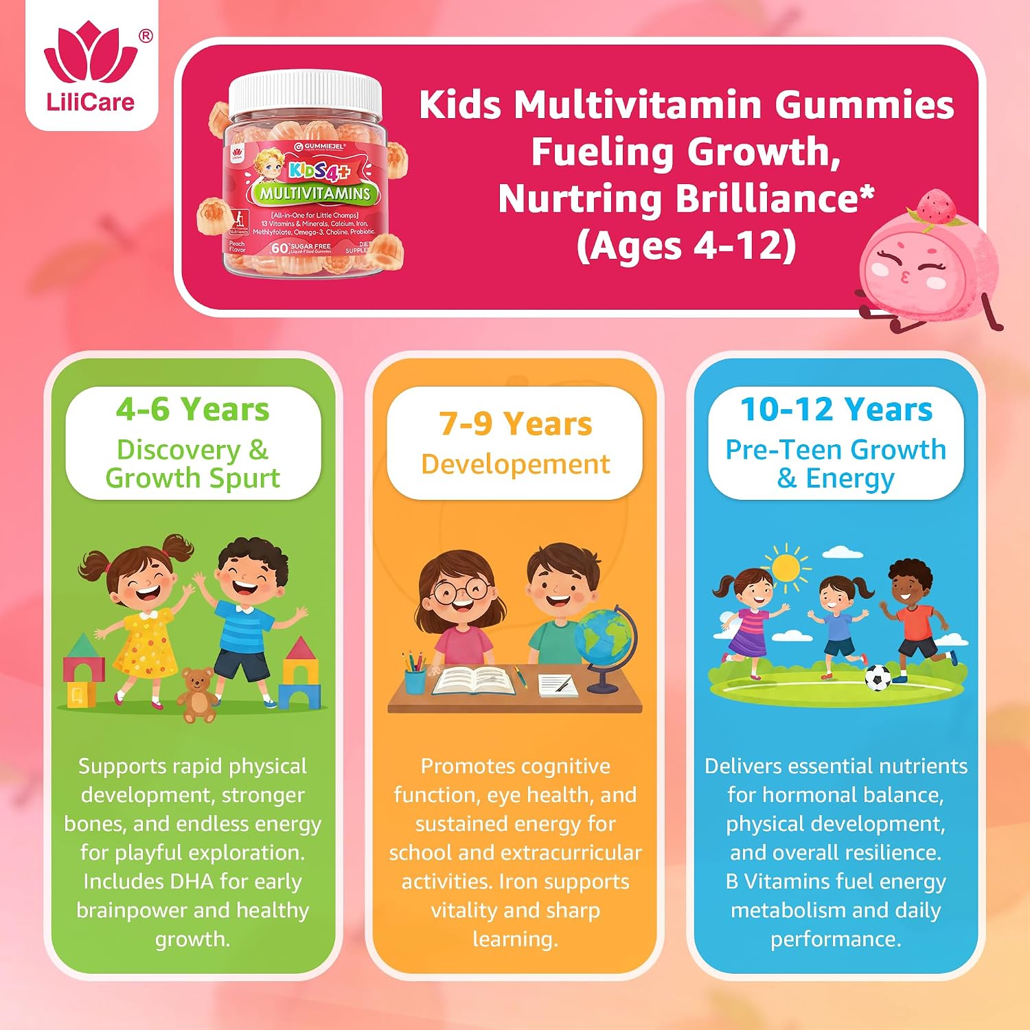 Kids Multivitamin Gummies + Omega 3(DHA/EPA), Methylated Multivitamin for Kids + Iron, Choline, Probiotic, Vitamins A C D3 K2 E, Methylfolate, B6, B12 for Growth, Immune, Bone, Brain, No Sugar, 60 Cts