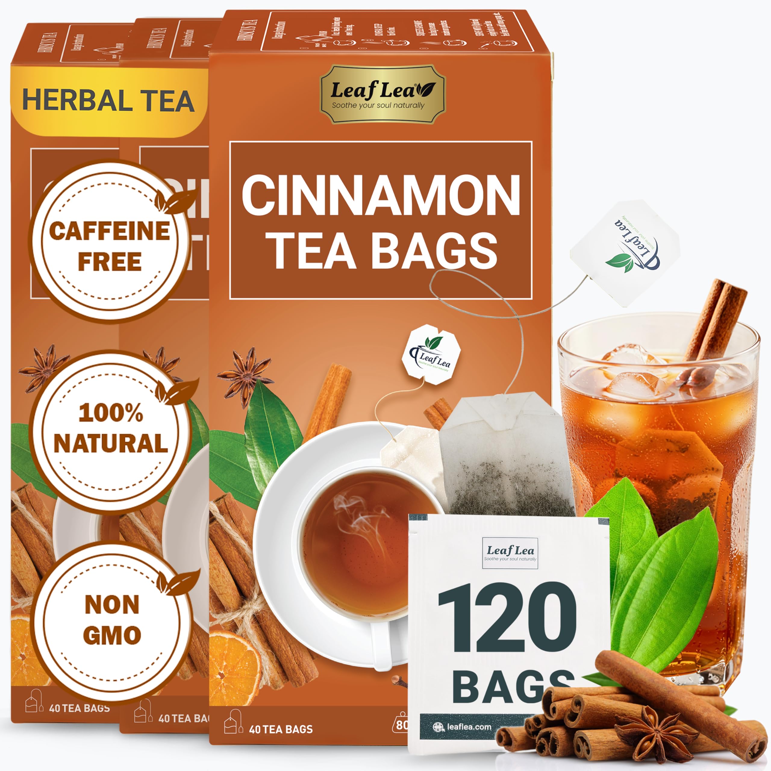 LeafLea 40 Turmeric Ginger Cinnamon Tea Bags, 100% Natural Ingredients Herbal Tea, Turmeric Ginger Herbal Blend for Wellness, Vegan, No Sugar, Caffeine-Free, Individually Wrapped for Freshness